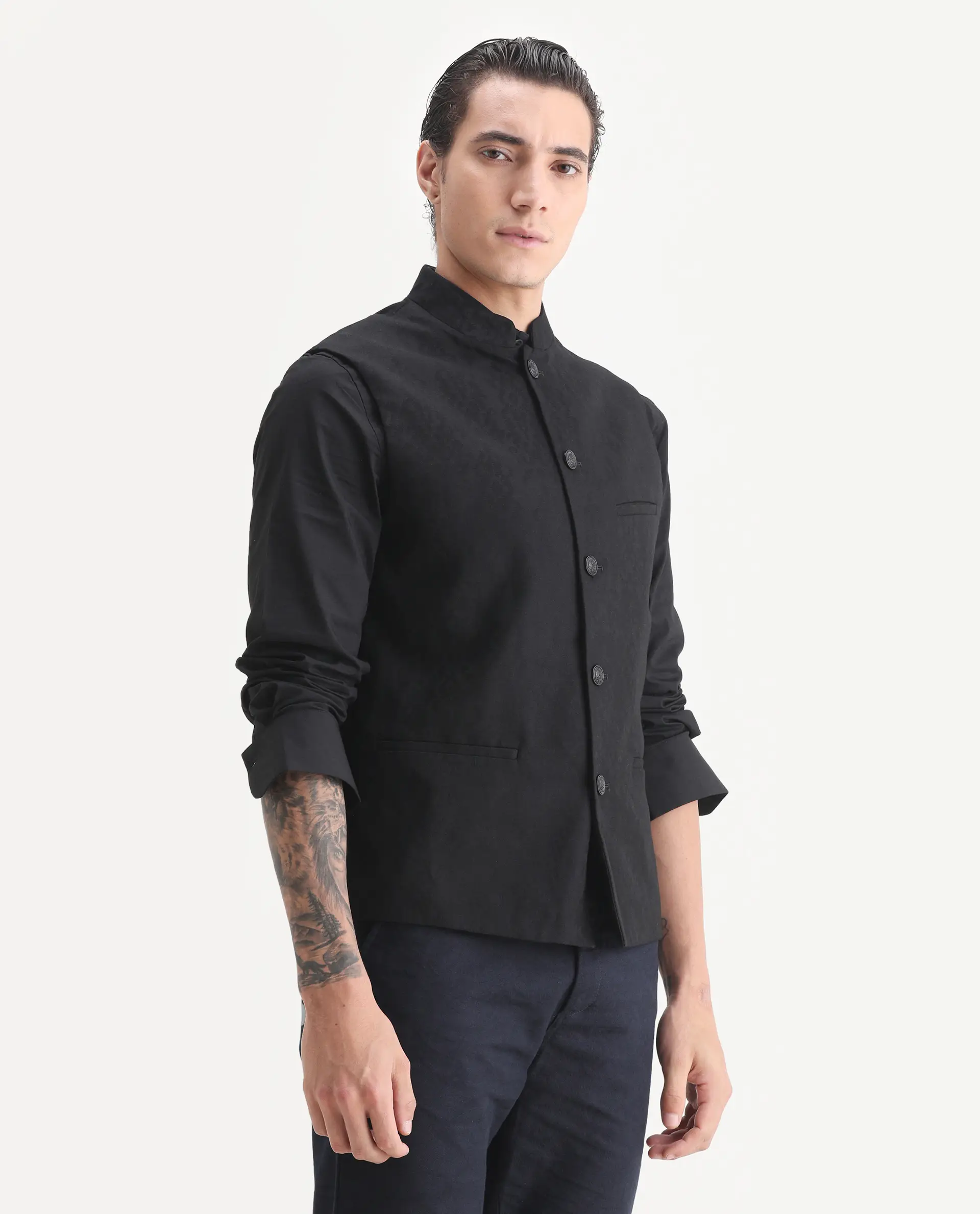 Rare Rabbit Men's Corti Black Polyester Jacquard Tailored Fit Sleeveless Mandarin Collar Bandhgala - Image 5