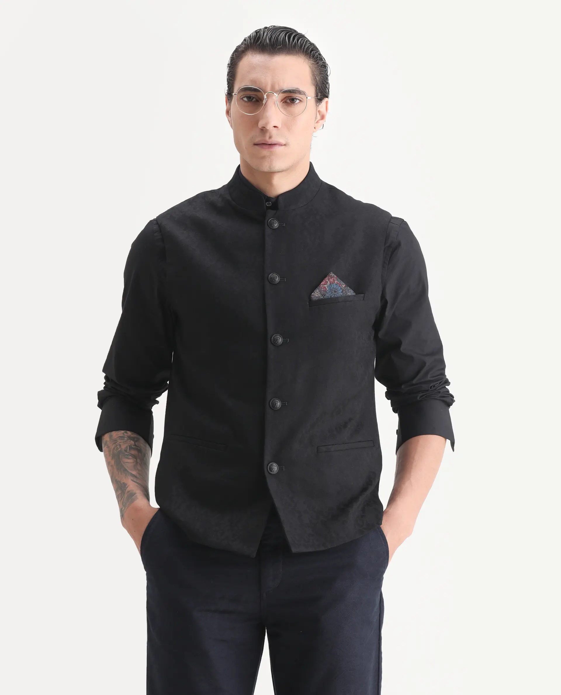 Rare Rabbit Men's Corti Black Polyester Jacquard Tailored Fit Sleeveless Mandarin Collar Bandhgala - Image 6