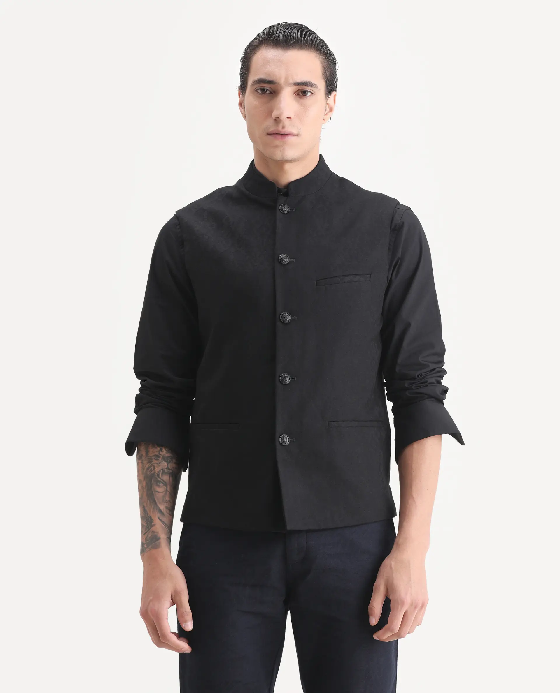 Rare Rabbit Men's Corti Black Polyester Jacquard Tailored Fit Sleeveless Mandarin Collar Bandhgala - Image 7