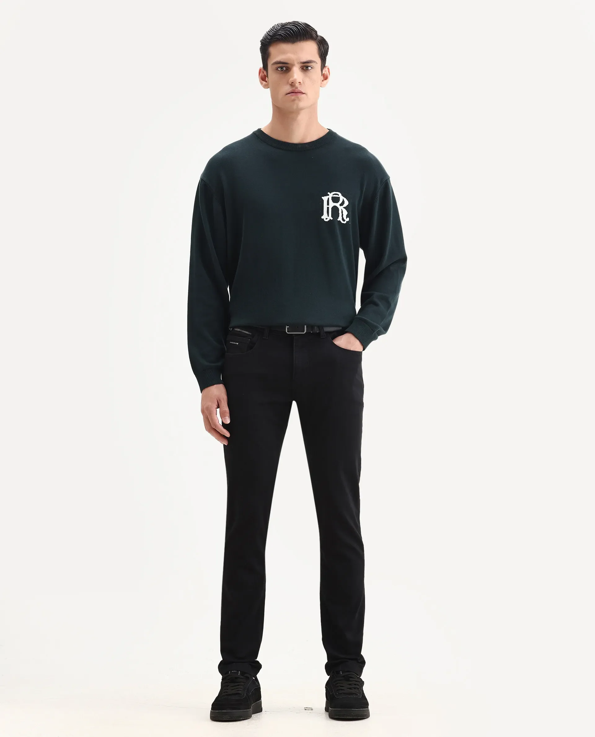 Rare Rabbit Men's Corvo Black Cotton Blend Plain Hawk Slim Fit Jeans