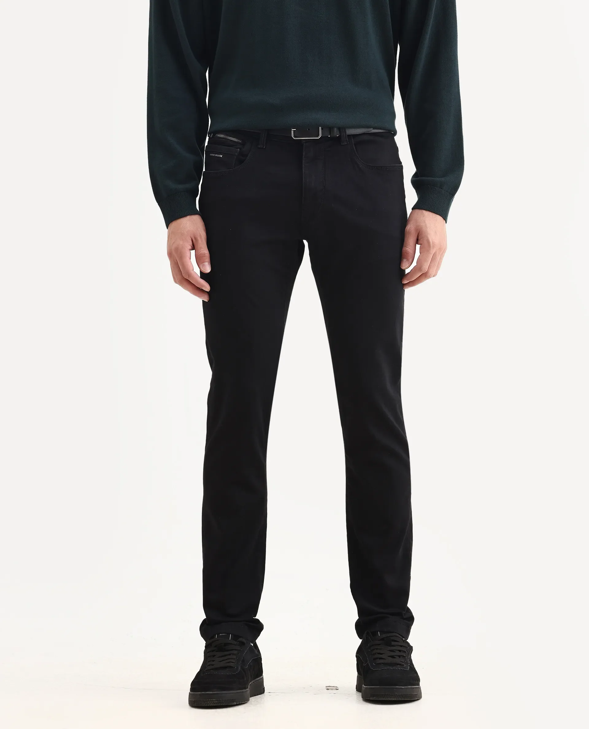 Rare Rabbit Men's Corvo Black Cotton Blend Plain Hawk Slim Fit Jeans - Image 2