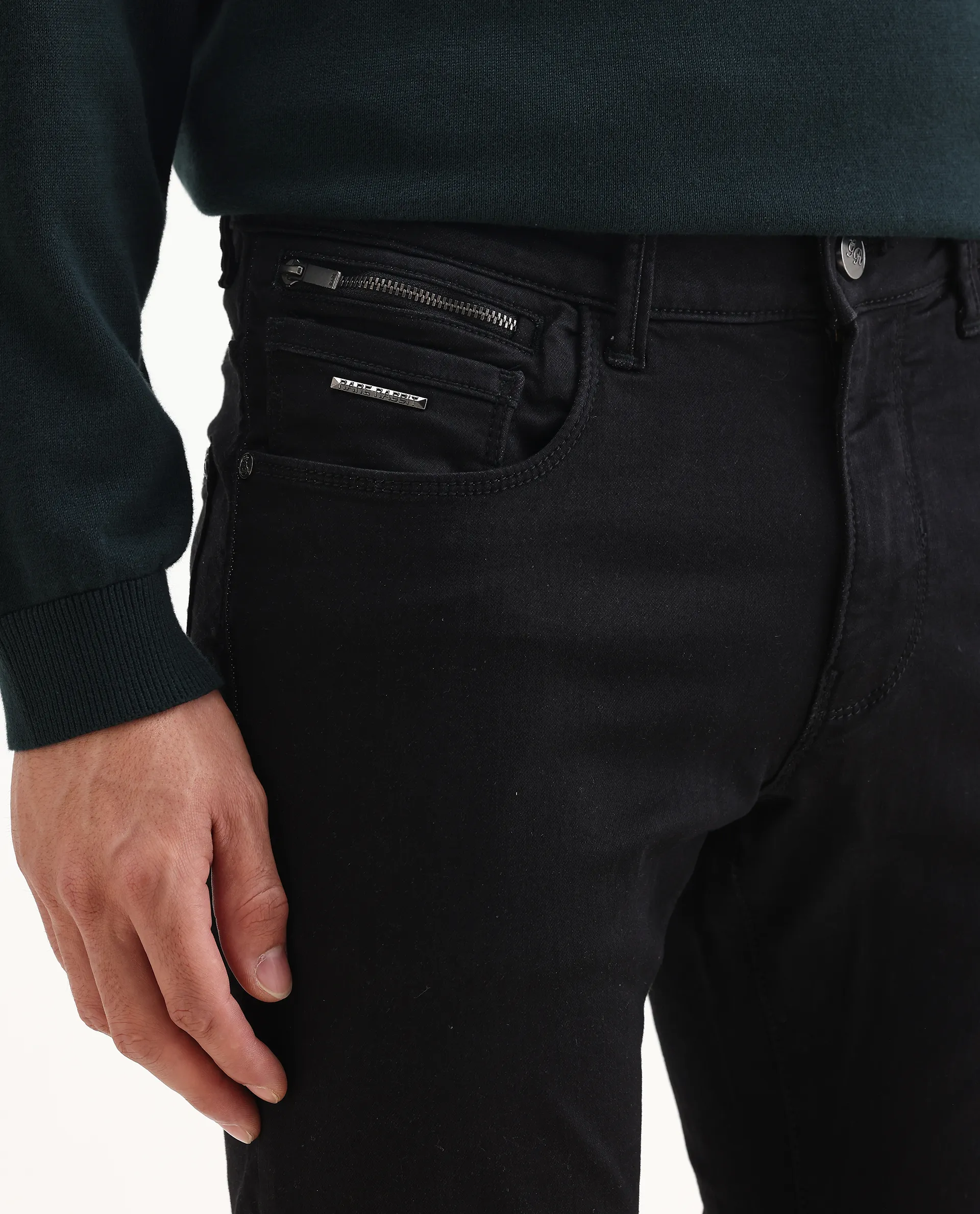 Rare Rabbit Men's Corvo Black Cotton Blend Plain Hawk Slim Fit Jeans - Image 3