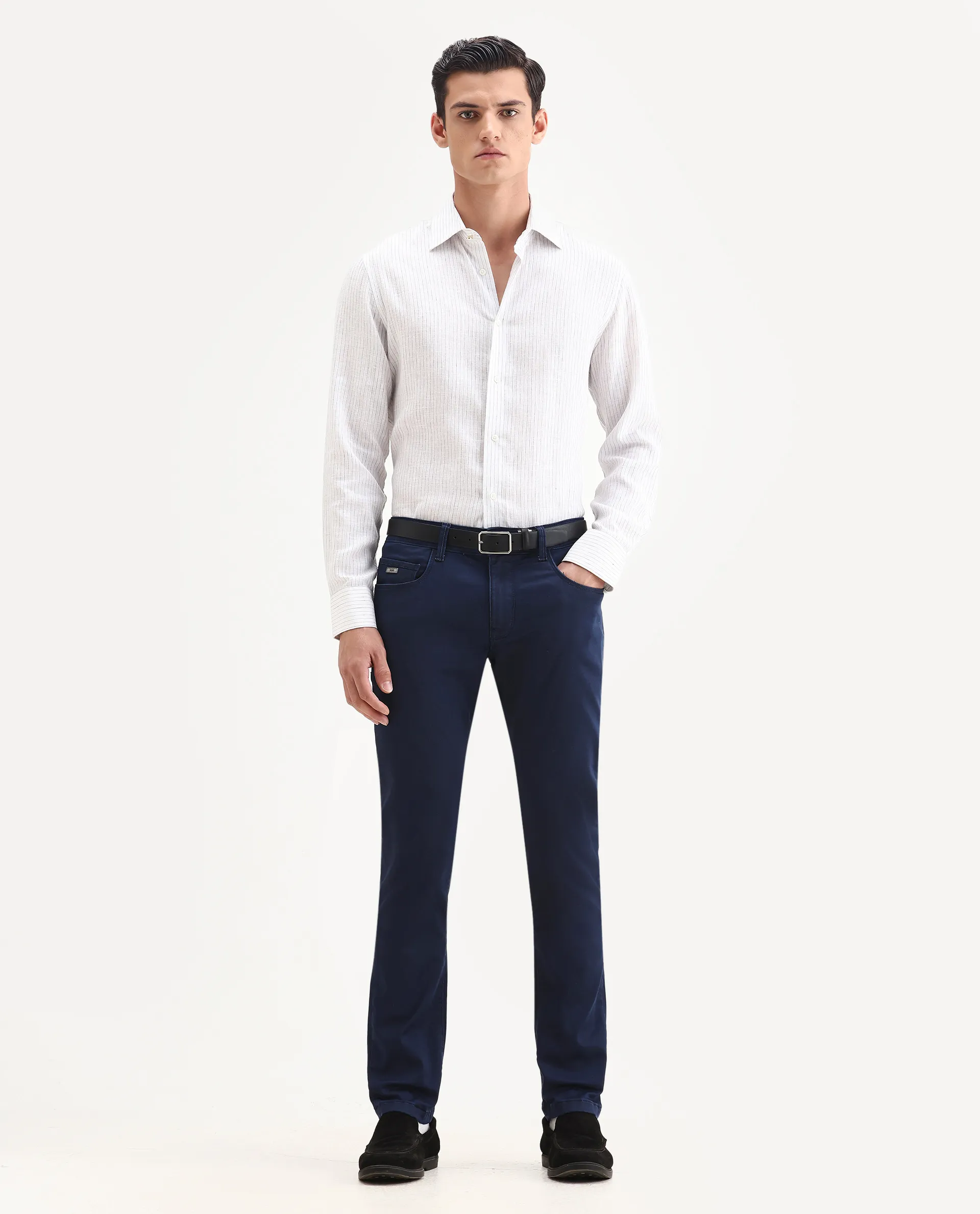 Rare Rabbit Men's Corvo Blue Cotton Blend Plain Hawk Slim Fit Jeans