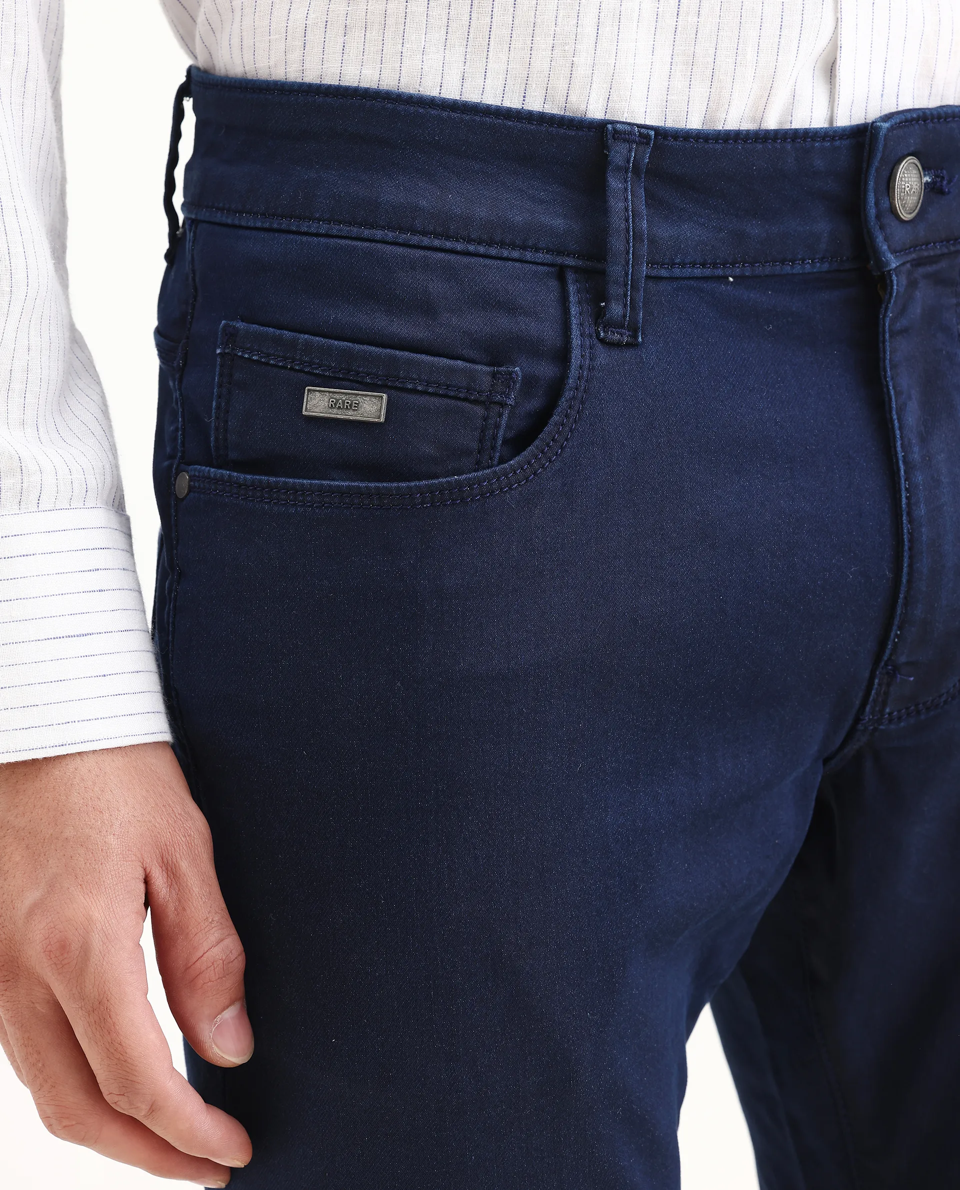 Rare Rabbit Men's Corvo Blue Cotton Blend Plain Hawk Slim Fit Jeans - Image 3