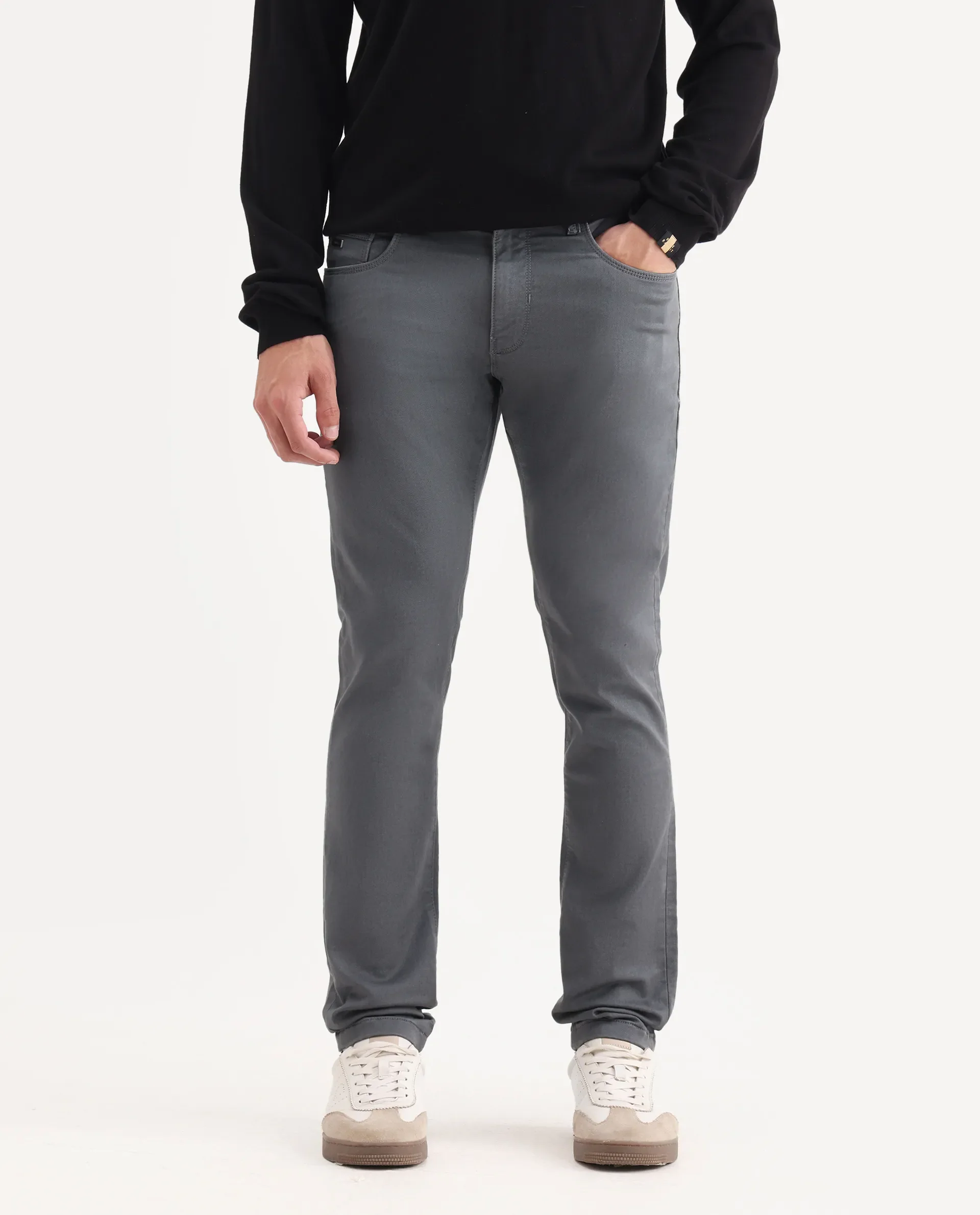 Rare Rabbit Men's Corvo Dark Grey Cotton Blend Plain Hawk Slim Fit Jeans - Image 2