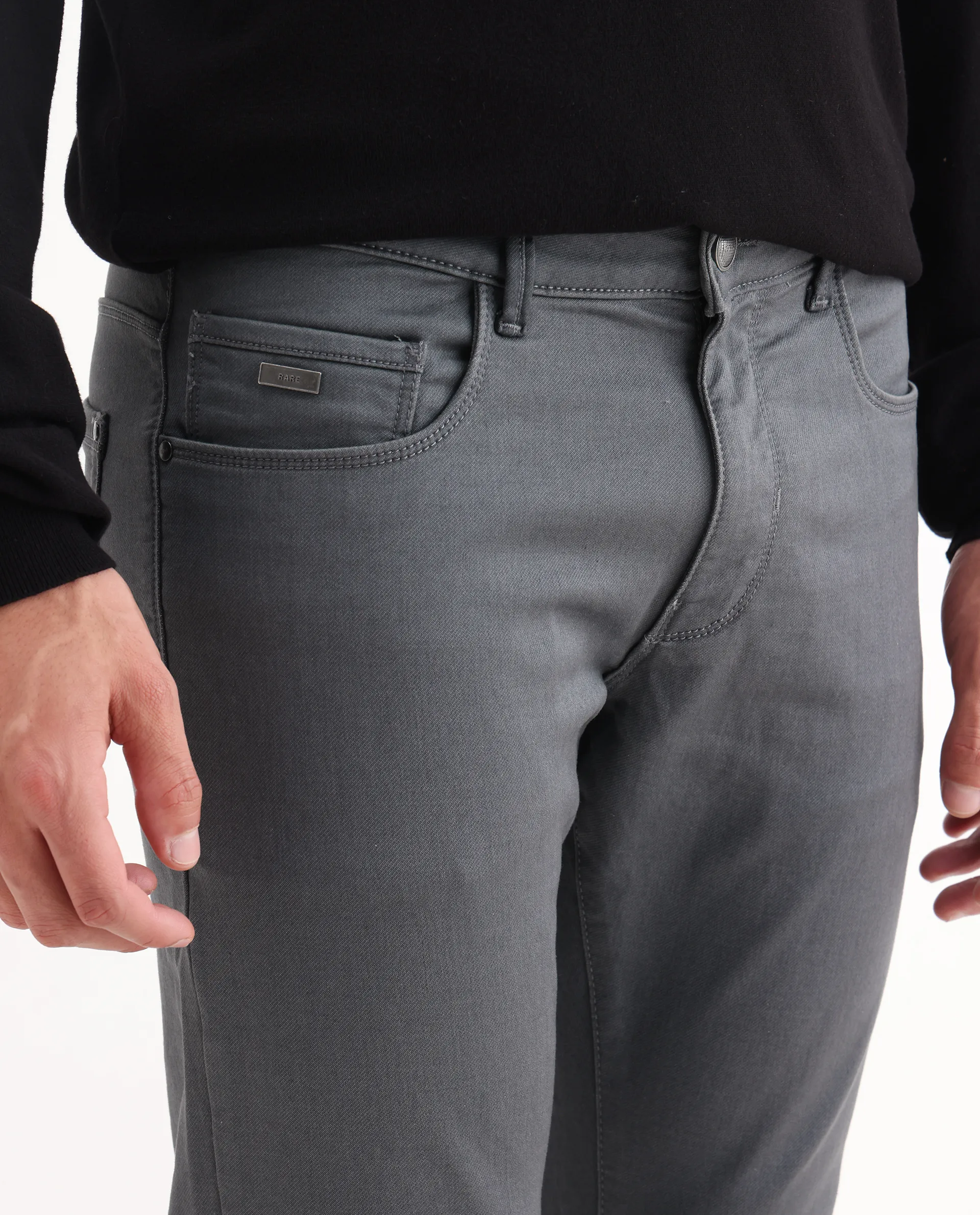 Rare Rabbit Men's Corvo Dark Grey Cotton Blend Plain Hawk Slim Fit Jeans - Image 3