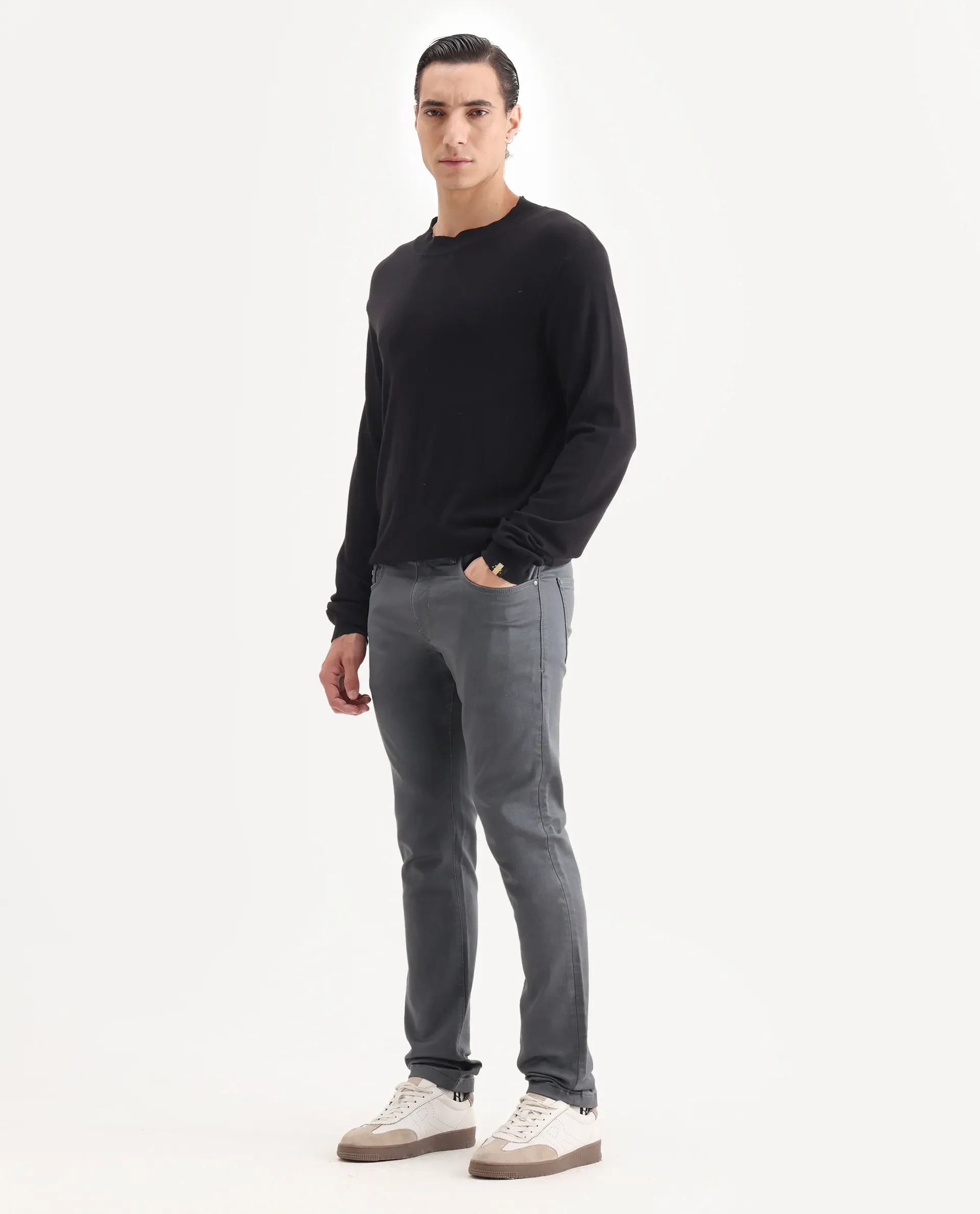 Rare Rabbit Men's Corvo Dark Grey Cotton Blend Plain Hawk Slim Fit Jeans - Image 4