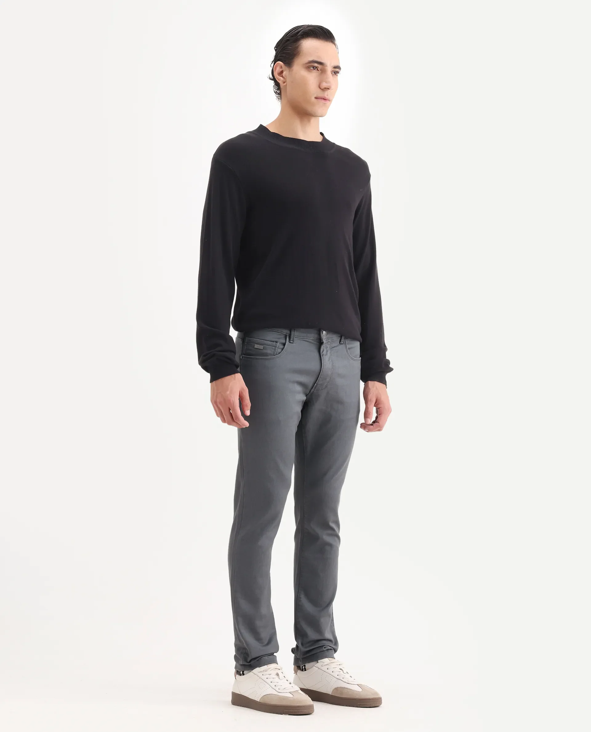 Rare Rabbit Men's Corvo Dark Grey Cotton Blend Plain Hawk Slim Fit Jeans - Image 5