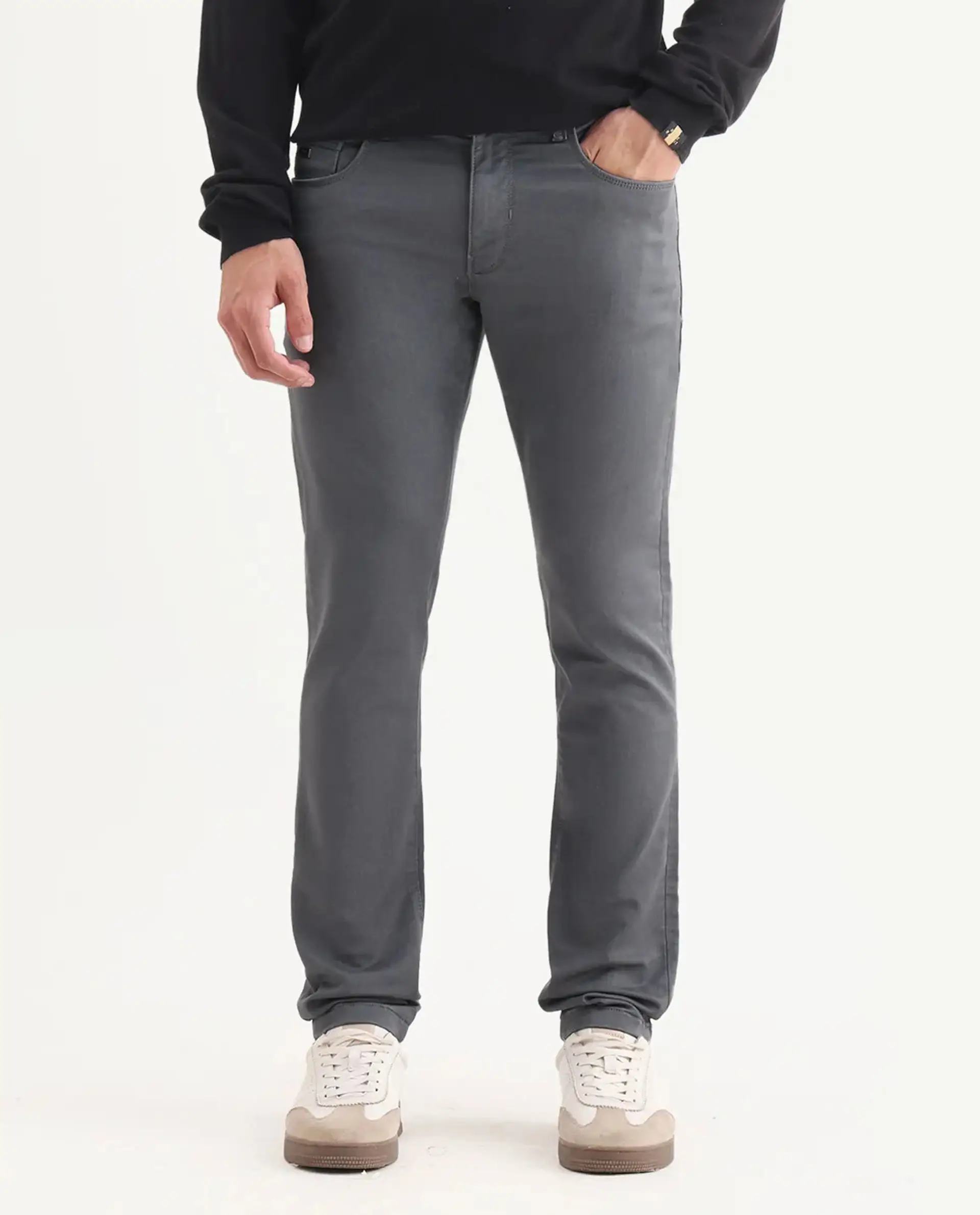 Rare Rabbit Men's Corvo Dark Grey Cotton Blend Plain Hawk Slim Fit Jeans - Image 7