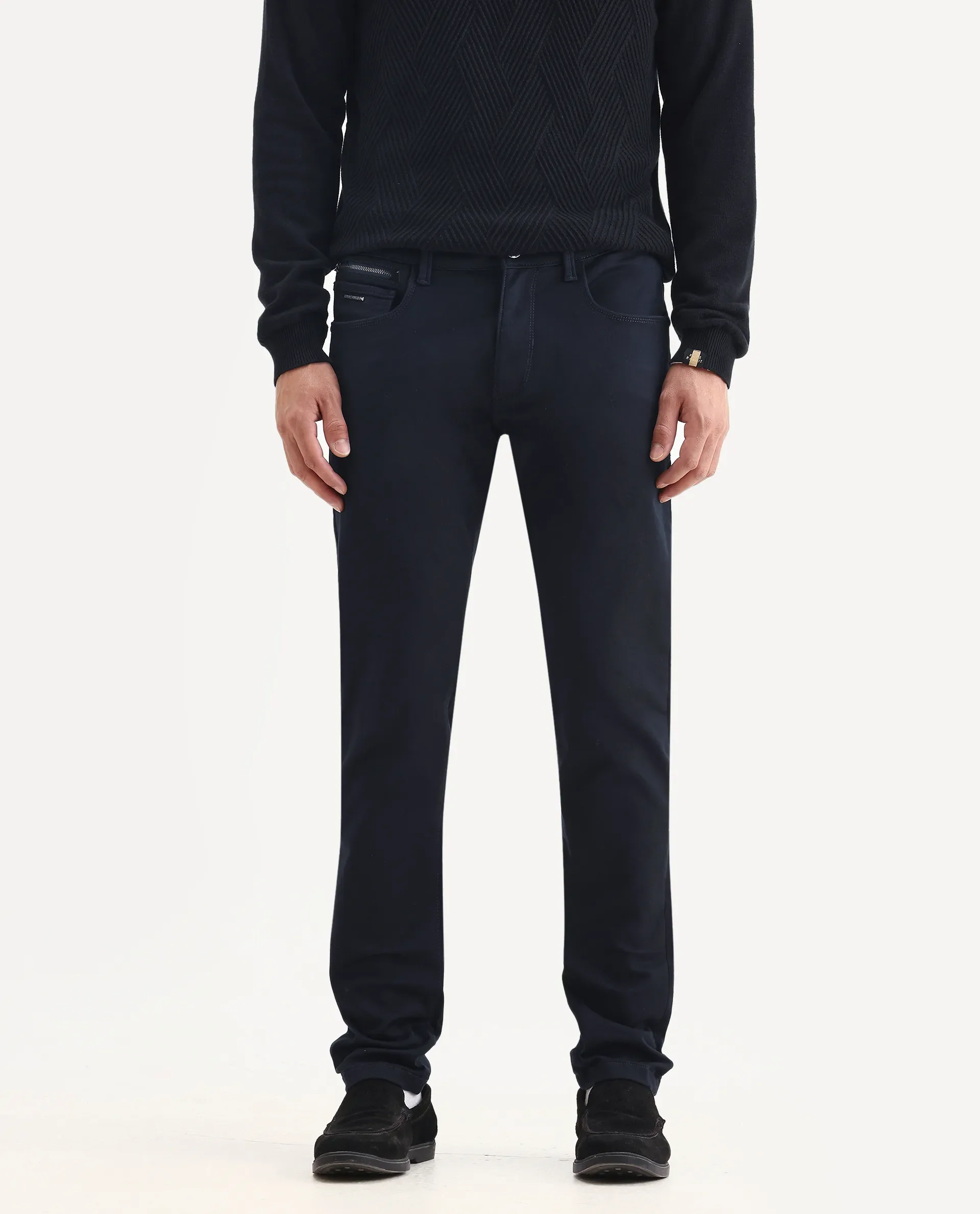 Rare Rabbit Men's Corvo Navy Cotton Blend Plain Hawk Slim Fit Jeans - Image 2