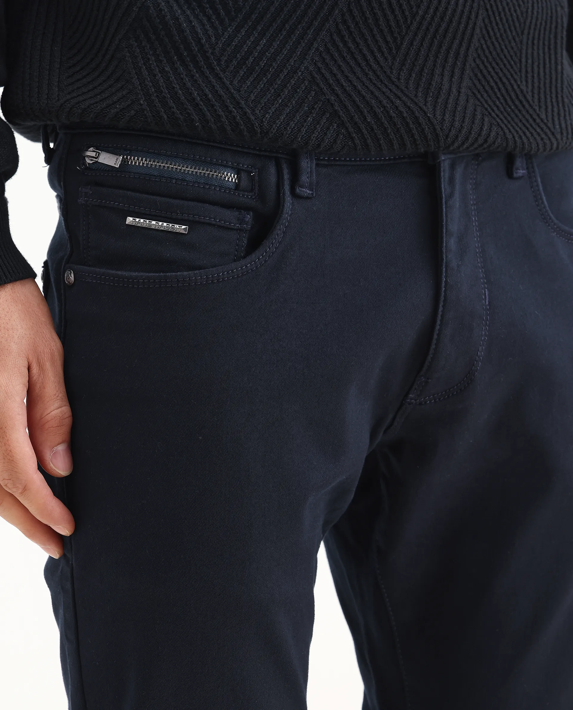Rare Rabbit Men's Corvo Navy Cotton Blend Plain Hawk Slim Fit Jeans - Image 3