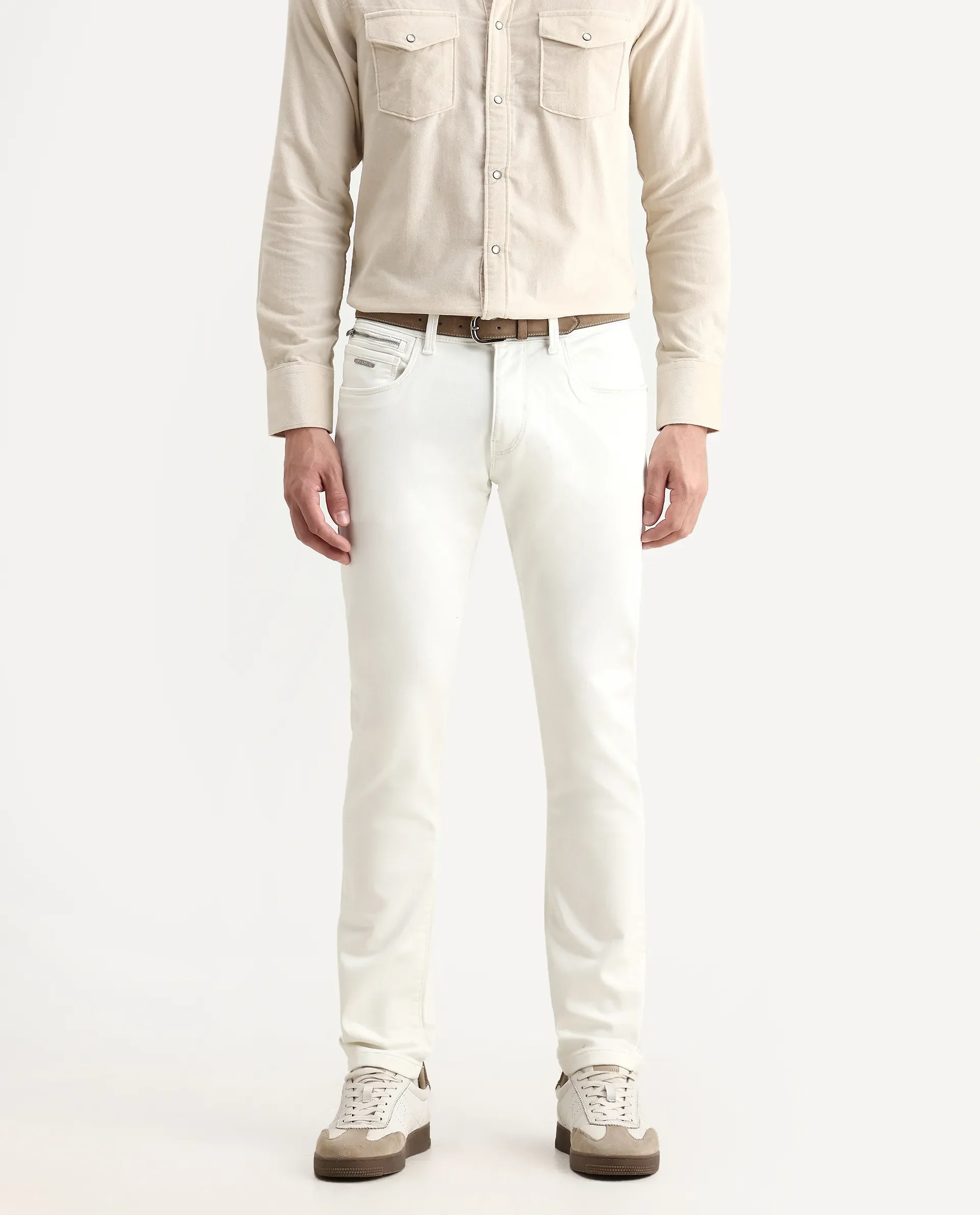 Rare Rabbit Men's Corvo Off White Cotton Blend Plain Hawk Slim Fit Jeans - Image 2