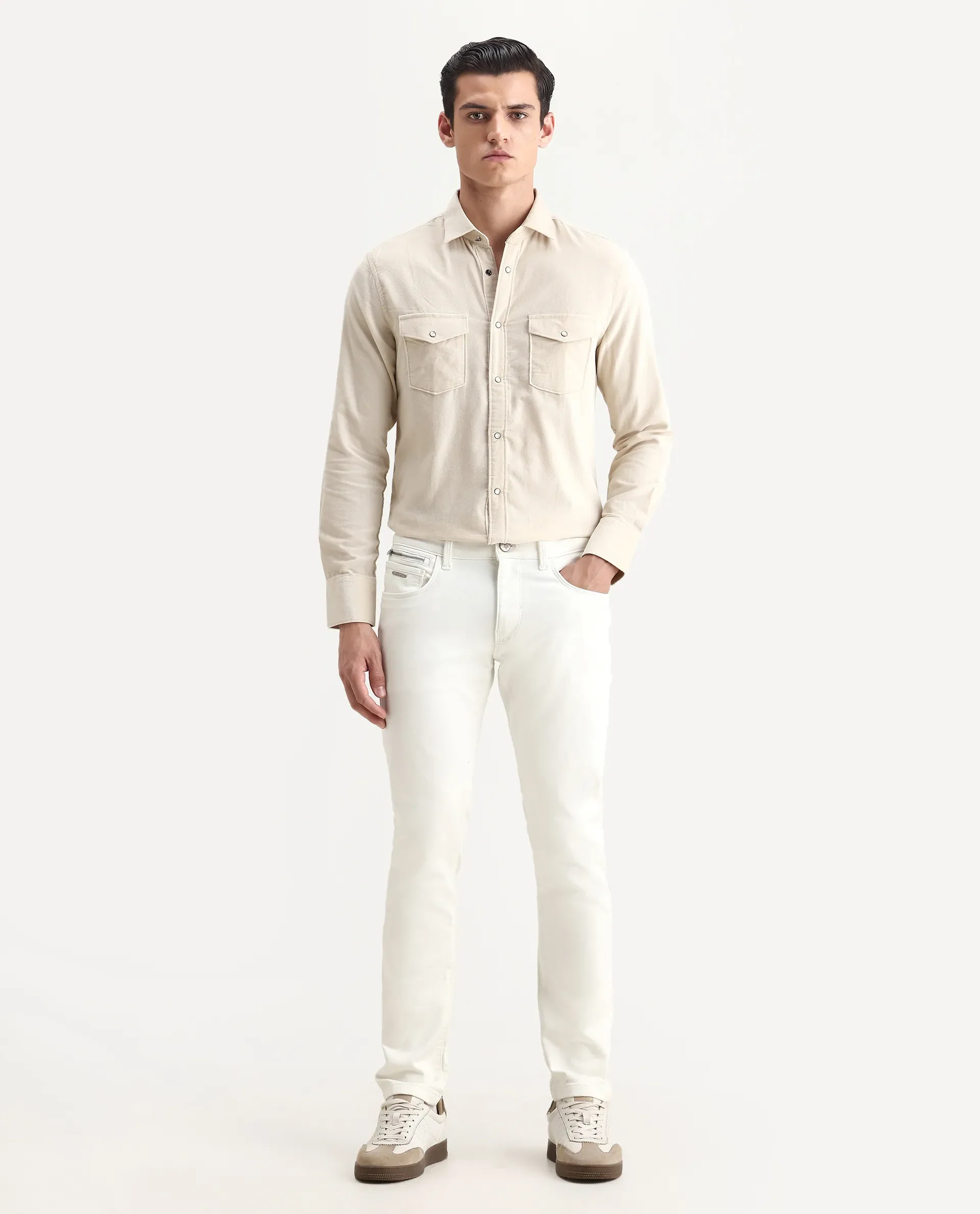 Rare Rabbit Men's Corvo Off White Cotton Blend Plain Hawk Slim Fit Jeans - Image 5