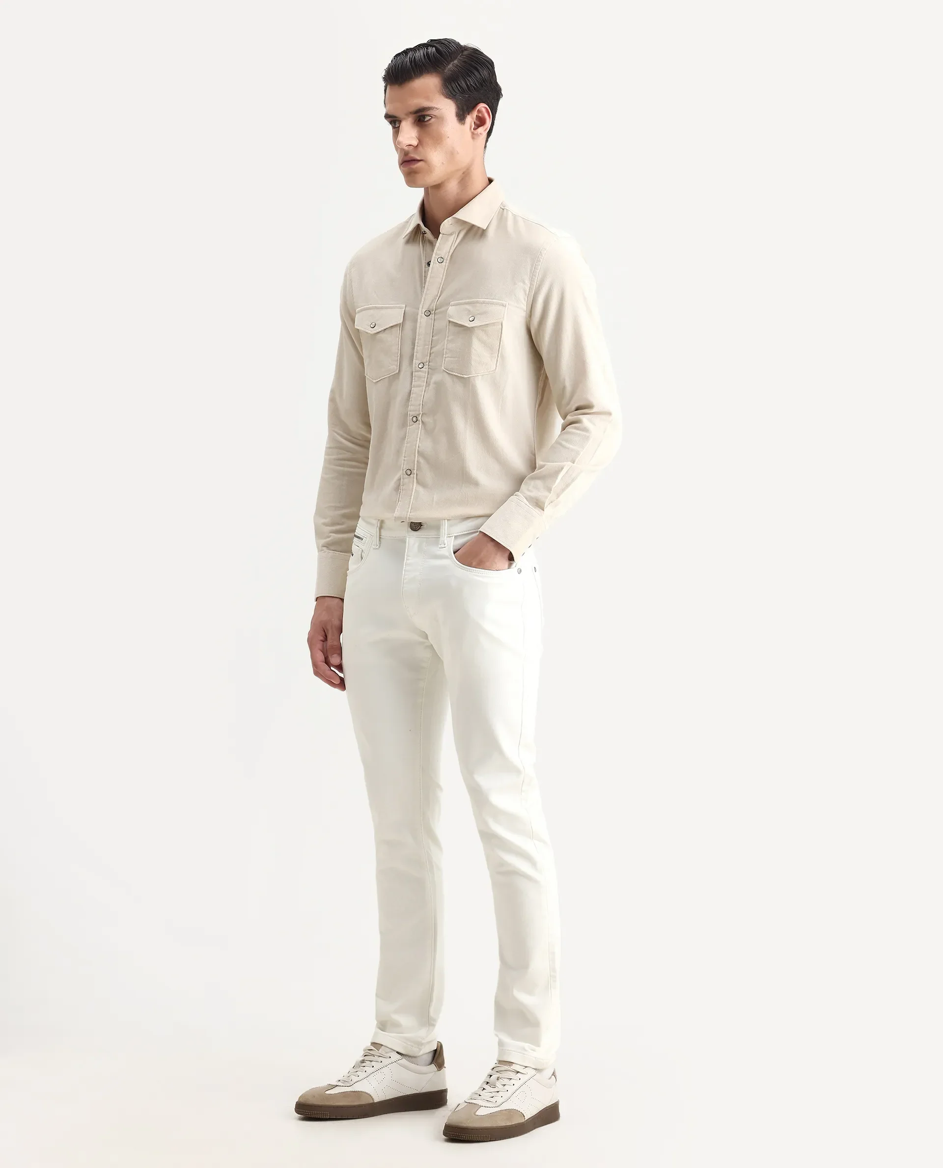 Rare Rabbit Men's Corvo Off White Cotton Blend Plain Hawk Slim Fit Jeans - Image 6