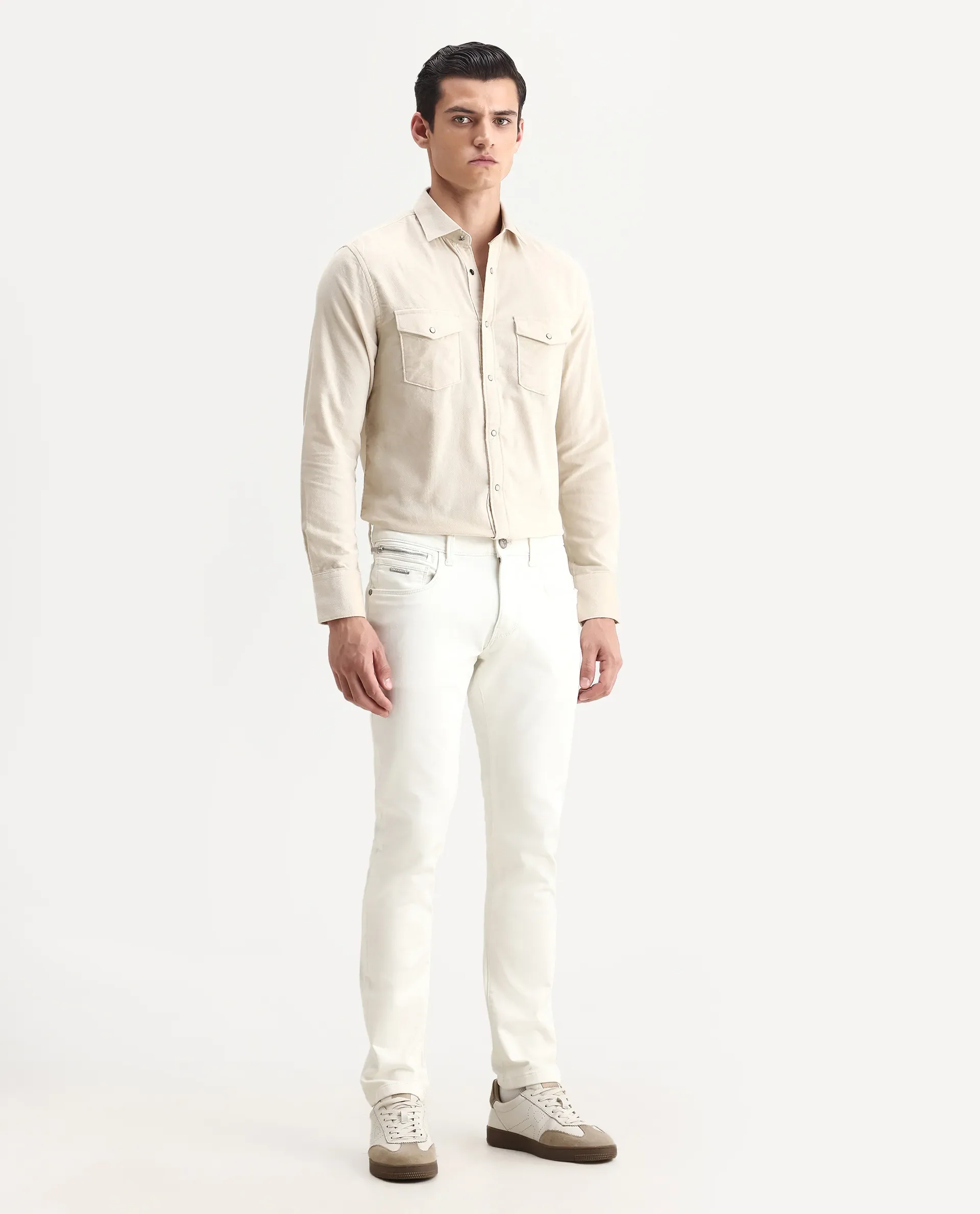 Rare Rabbit Men's Corvo Off White Cotton Blend Plain Hawk Slim Fit Jeans - Image 7