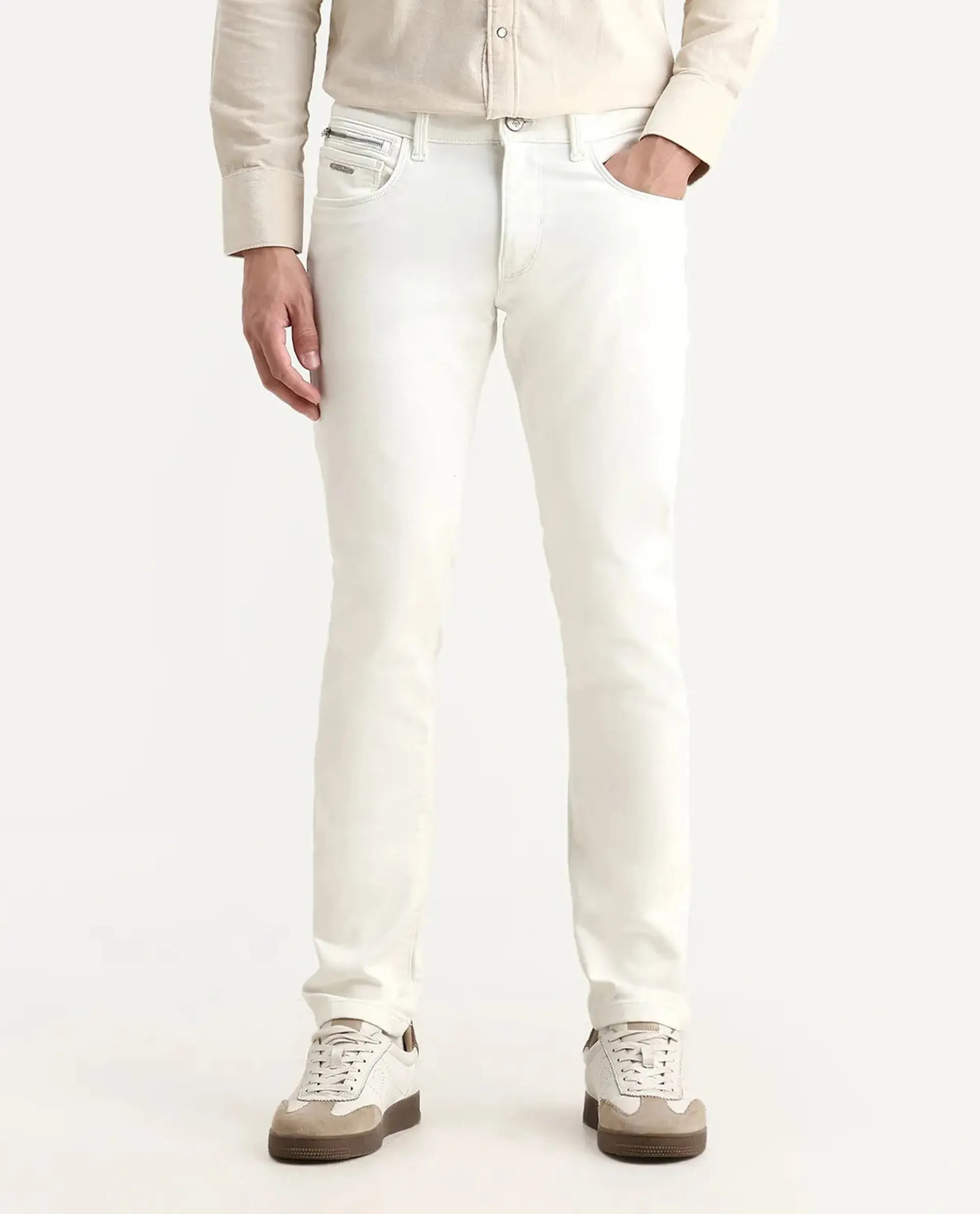 Rare Rabbit Men's Corvo Off White Cotton Blend Plain Hawk Slim Fit Jeans - Image 9