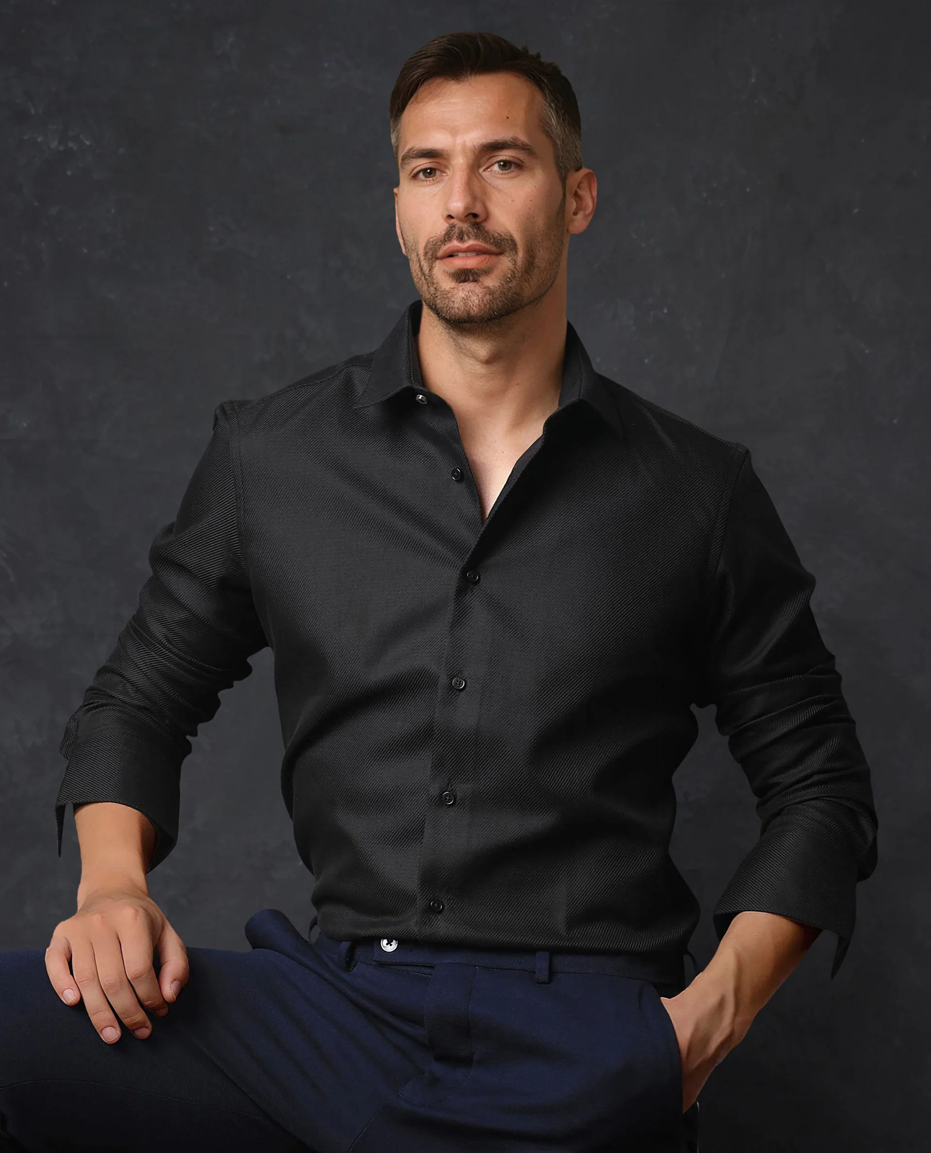Rare Rabbit Men's Cosa Black Plain Regular Fit Full Sleeve Collared Shirt