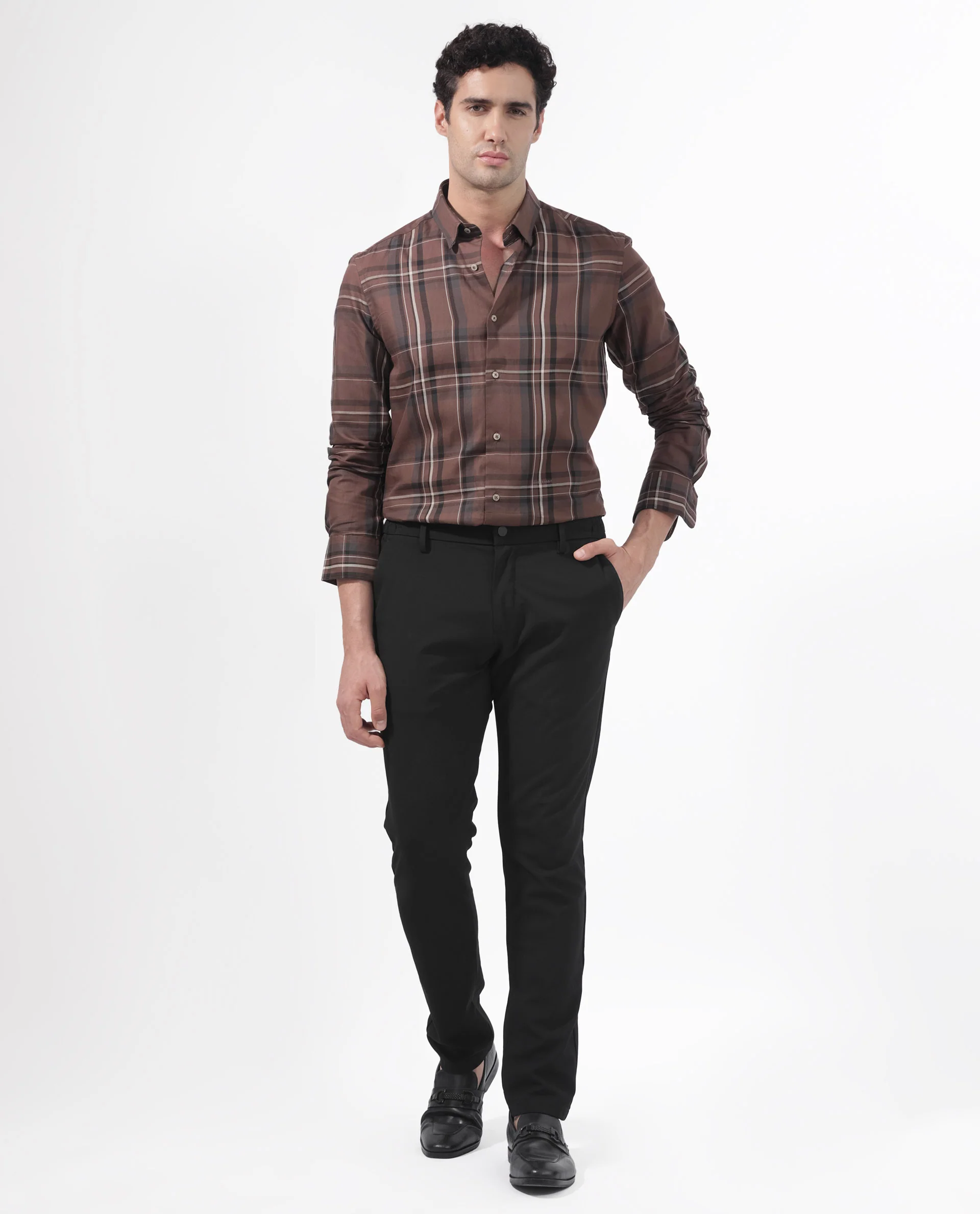 Rare Rabbit Men's Cosen Dark Brown Cotton Checked Print Regular Fit Full Sleeve Collared Shirt - Image 2
