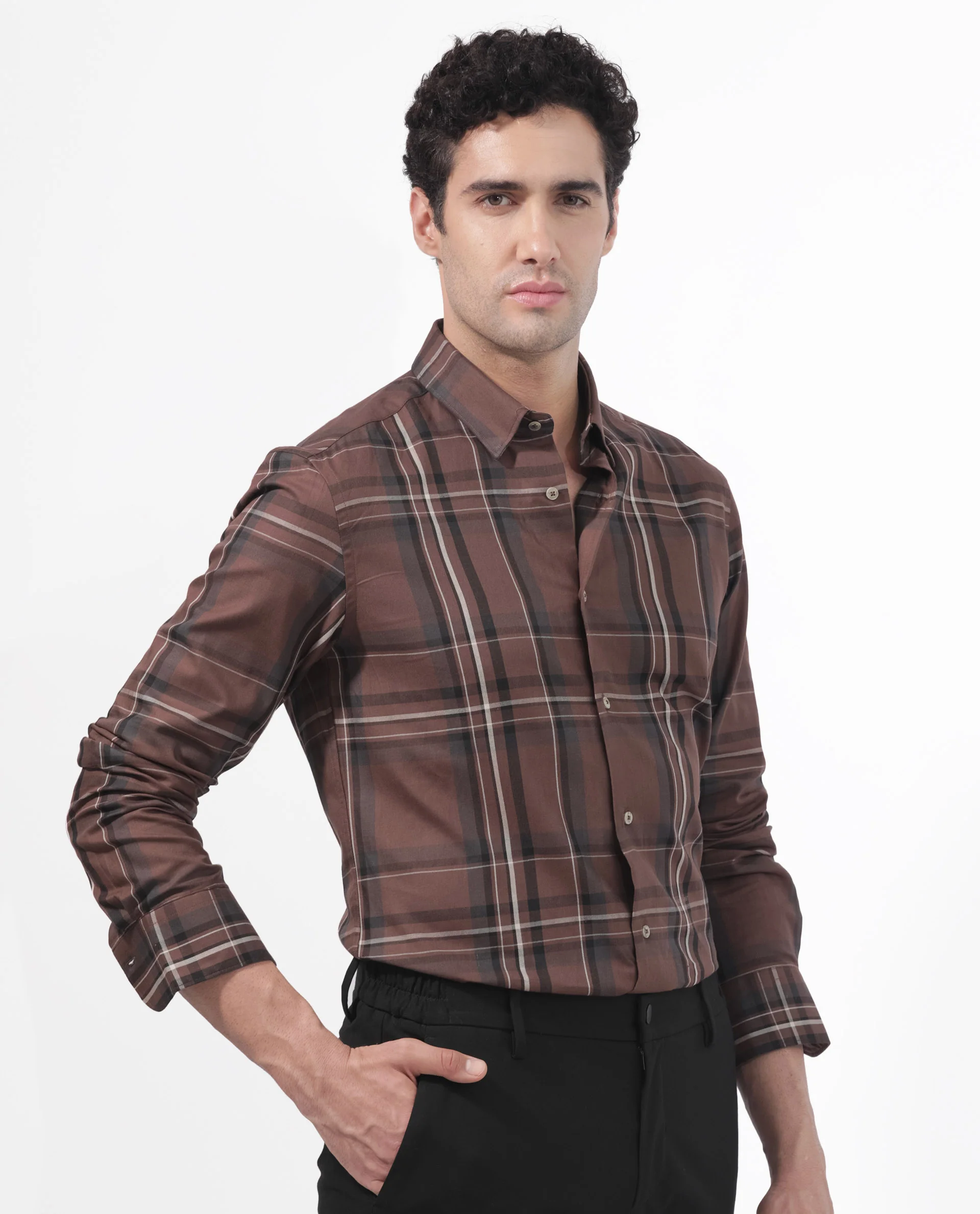 Rare Rabbit Men's Cosen Dark Brown Cotton Checked Print Regular Fit Full Sleeve Collared Shirt - Image 4
