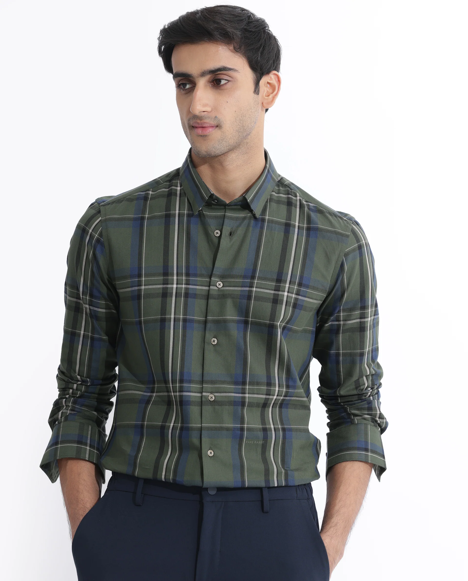 Rare Rabbit Men's Cosen Dark Green Cotton Checked Print Regular Fit Full Sleeve Collared Shirt