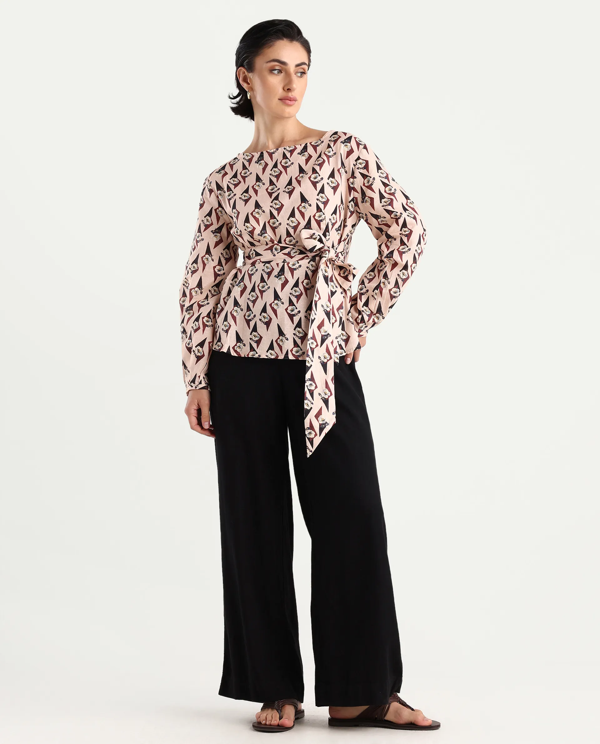 Rareism Women's Cosenza Multi Cotton Blend Boat Neck Floral Print Bishop Sleeve Regular Fit Top - Image 2