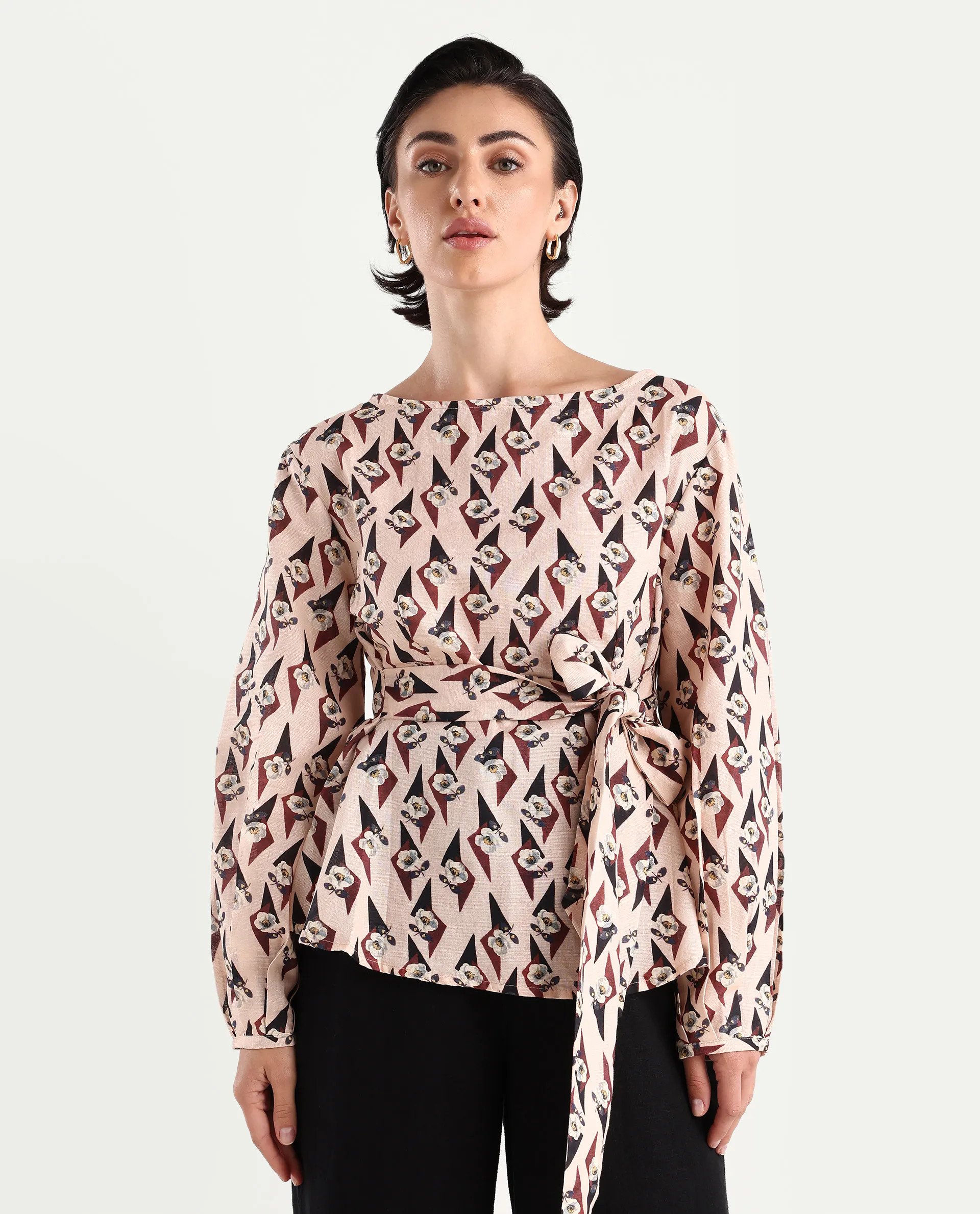 Rareism Women's Cosenza Multi Cotton Blend Boat Neck Floral Print Bishop Sleeve Regular Fit Top - Image 3