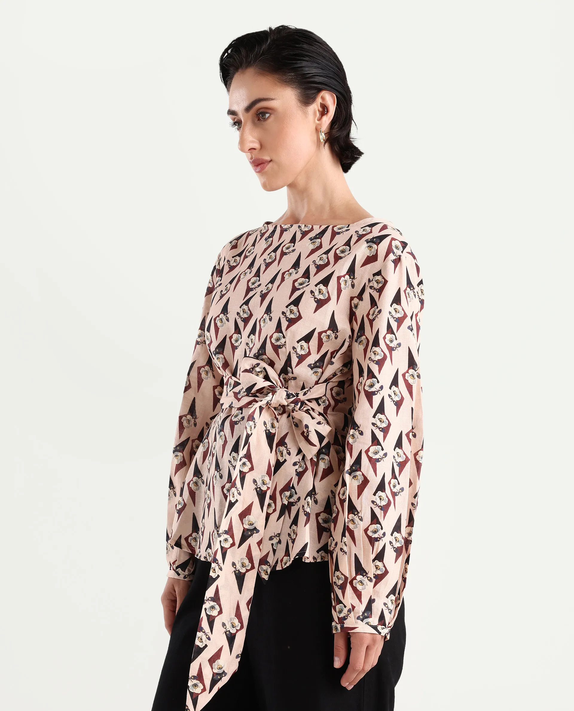 Rareism Women's Cosenza Multi Cotton Blend Boat Neck Floral Print Bishop Sleeve Regular Fit Top - Image 5