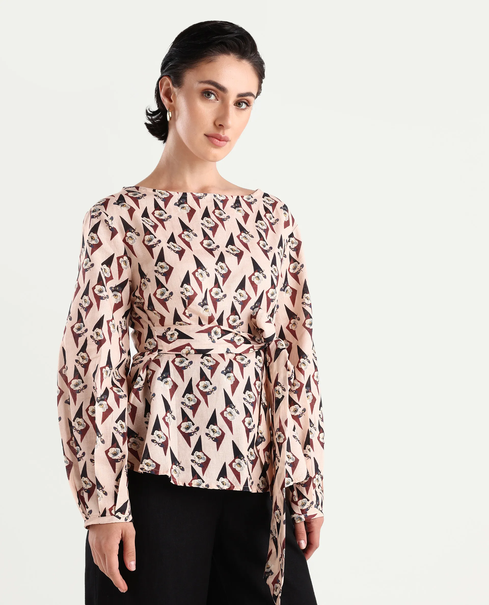 Rareism Women's Cosenza Multi Cotton Blend Boat Neck Floral Print Bishop Sleeve Regular Fit Top - Image 6