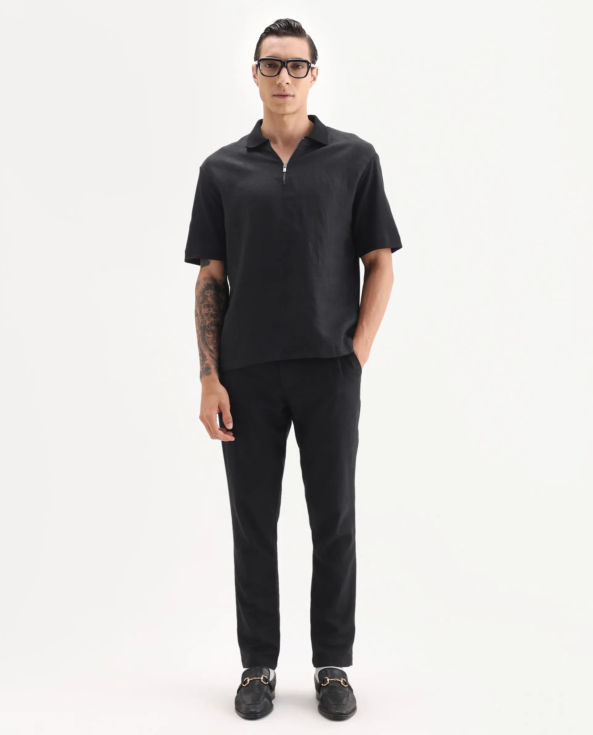 Rare Rabbit Men's Cosma Black Linen Blend Fabric Half Sleeve Spread Collar Plain Polo - Image 2