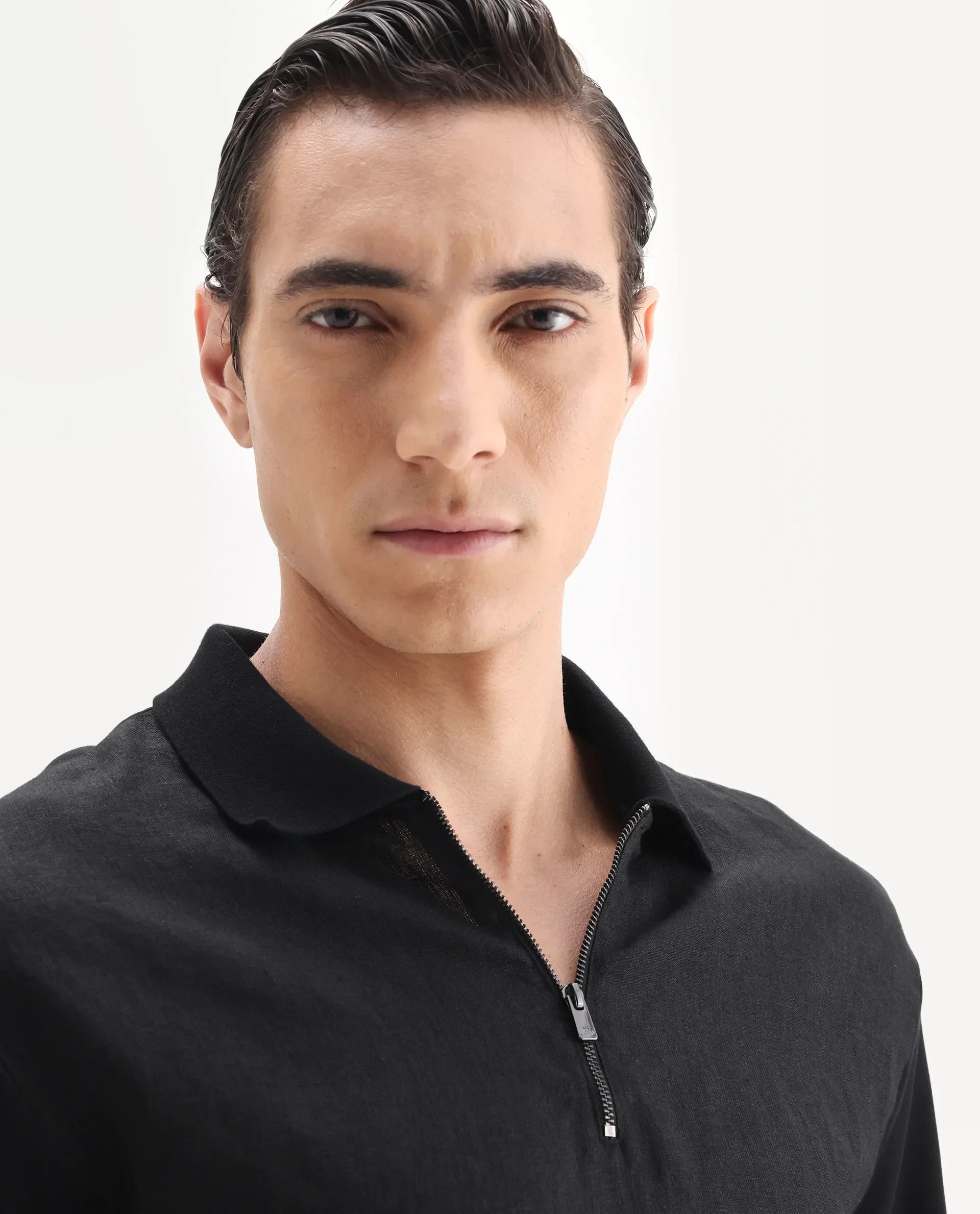 Rare Rabbit Men's Cosma Black Linen Blend Fabric Half Sleeve Spread Collar Plain Polo - Image 3