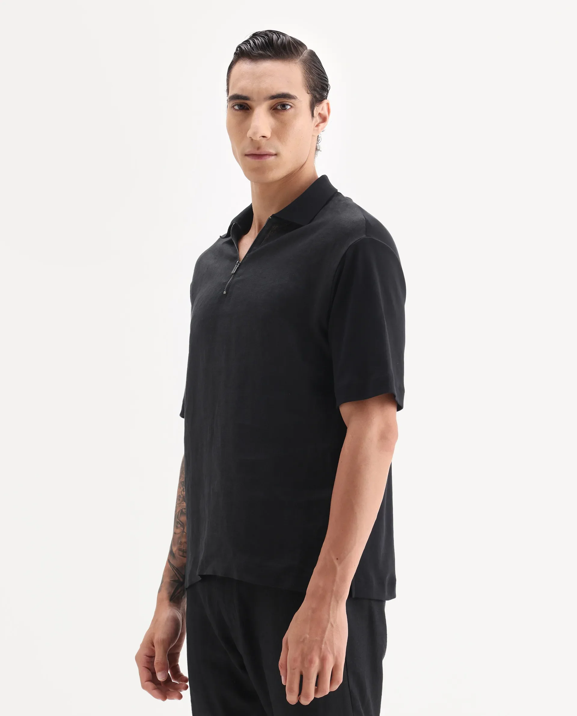 Rare Rabbit Men's Cosma Black Linen Blend Fabric Half Sleeve Spread Collar Plain Polo - Image 4