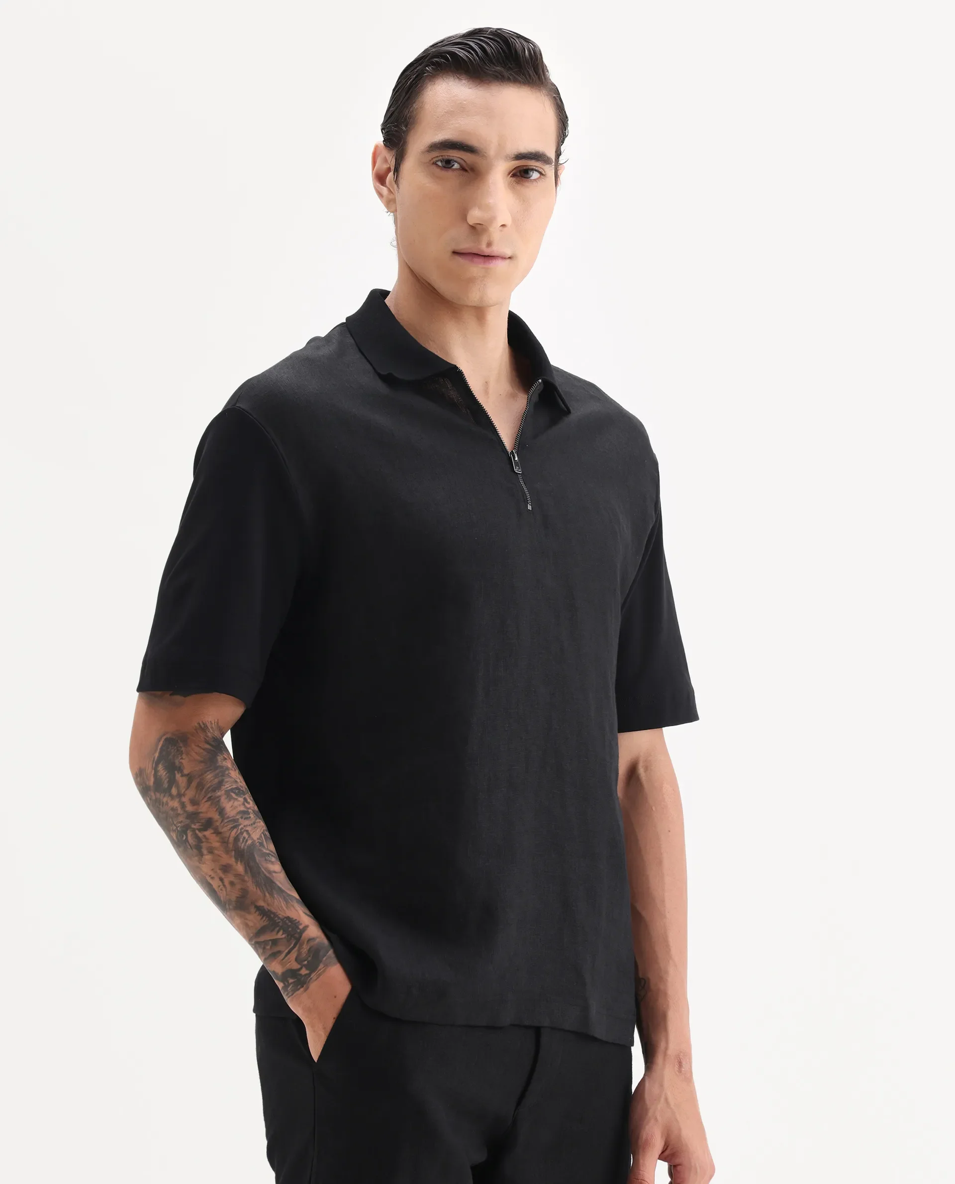 Rare Rabbit Men's Cosma Black Linen Blend Fabric Half Sleeve Spread Collar Plain Polo - Image 5
