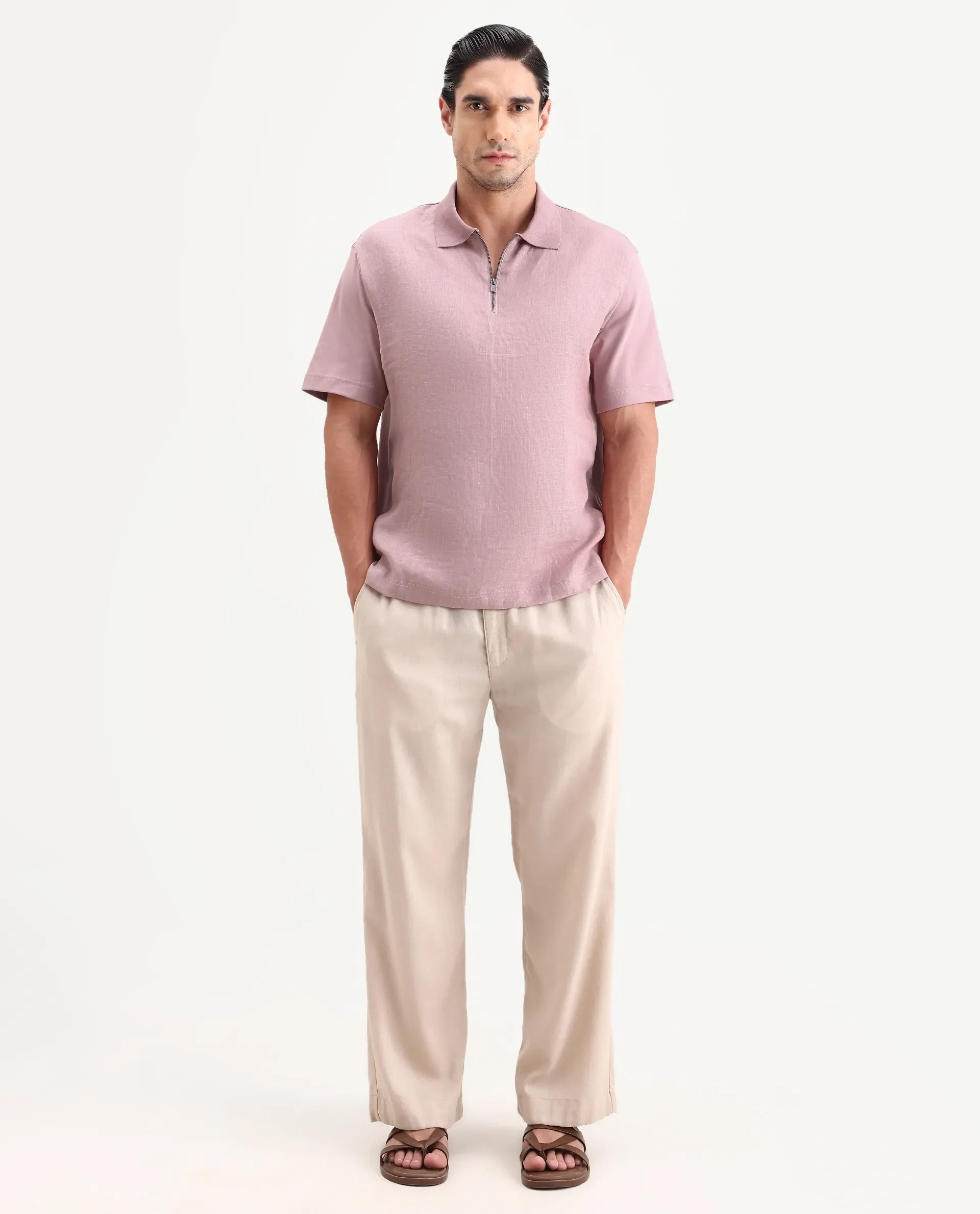Rare Rabbit Men's Cosma-S26 Dusky Pink Linen Blend Fabric Half Sleeve Spread Collar Regular Fit Plain Polo - Image 2