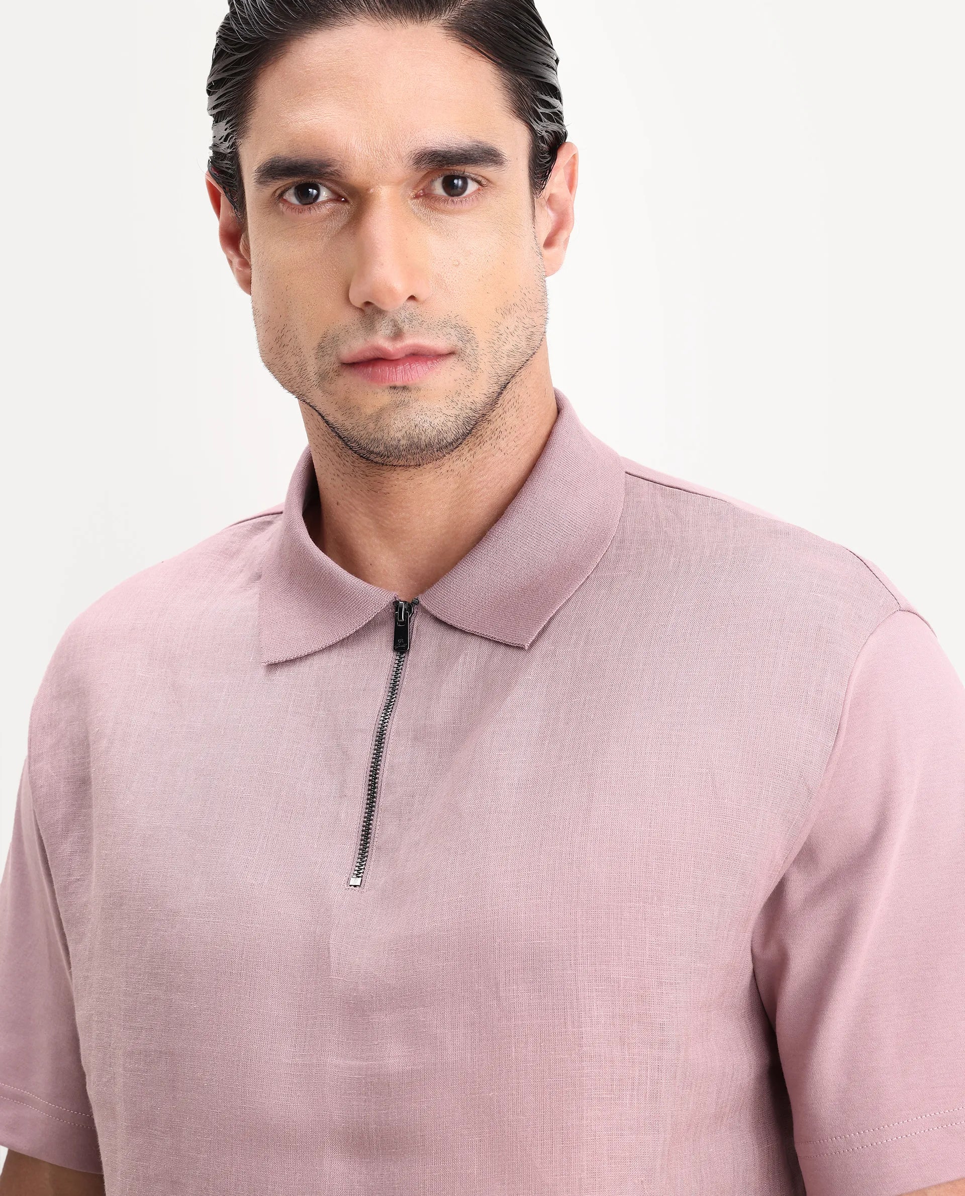 Rare Rabbit Men's Cosma-S26 Dusky Pink Linen Blend Fabric Half Sleeve Spread Collar Regular Fit Plain Polo - Image 3