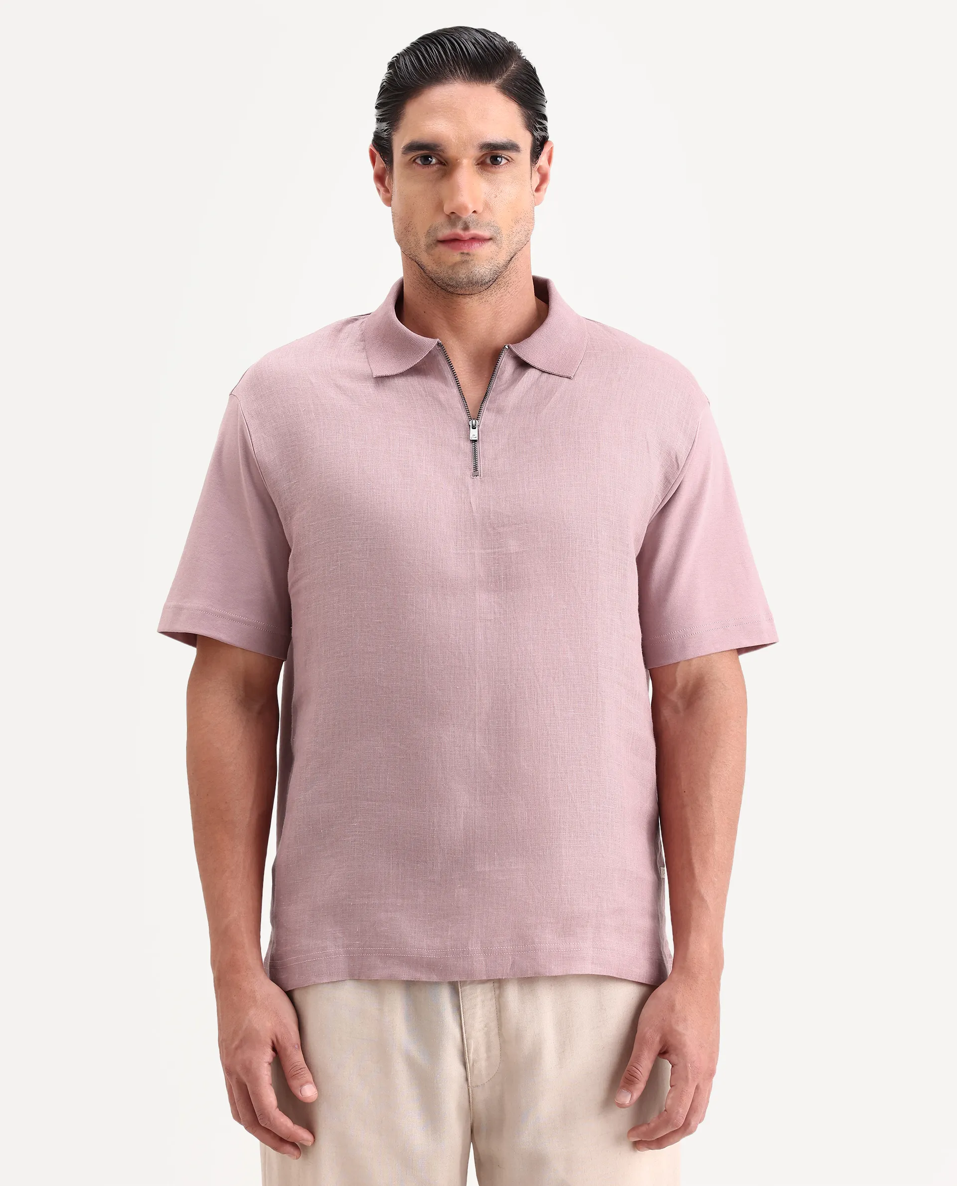 Rare Rabbit Men's Cosma-S26 Dusky Pink Linen Blend Fabric Half Sleeve Spread Collar Regular Fit Plain Polo - Image 4