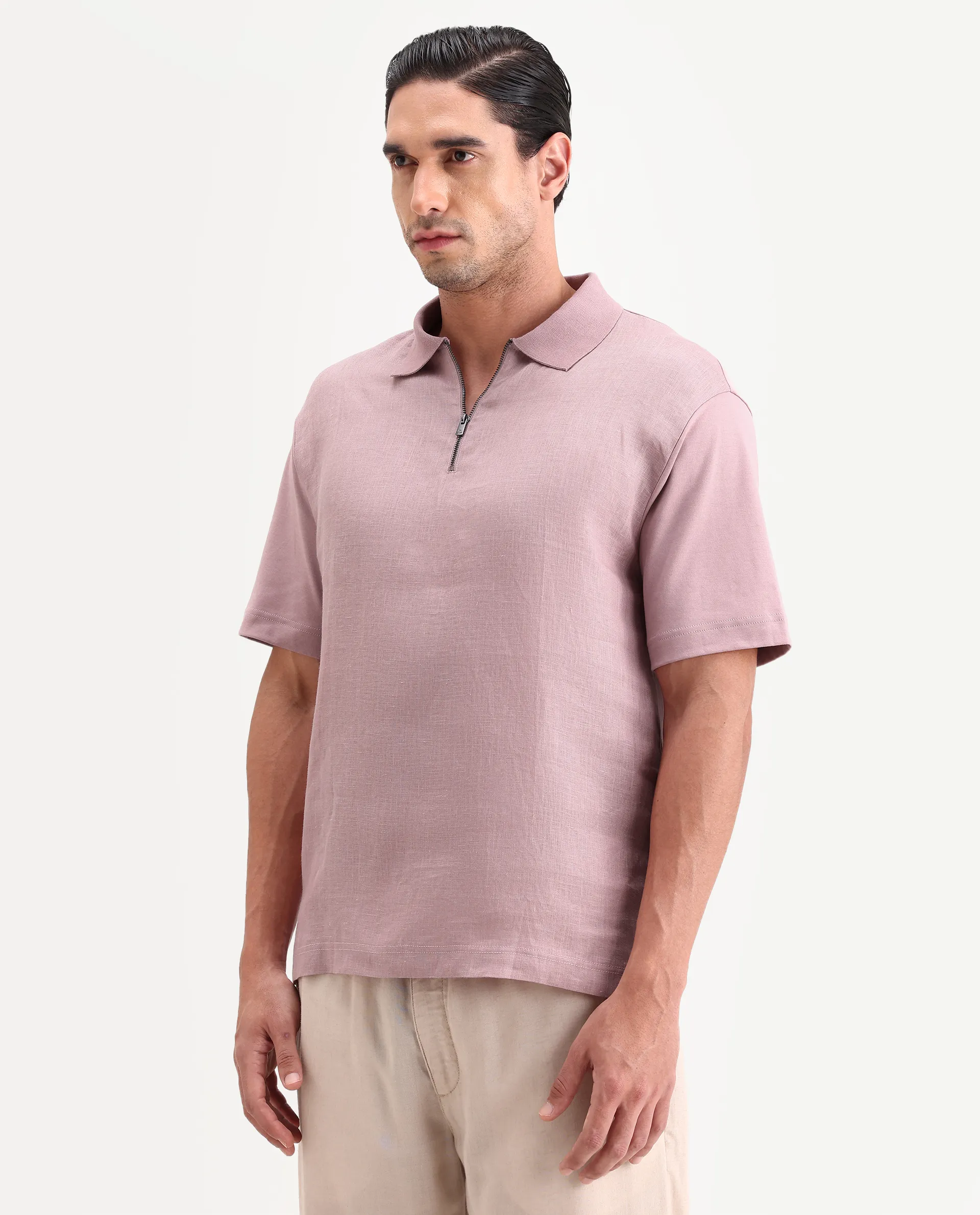 Rare Rabbit Men's Cosma-S26 Dusky Pink Linen Blend Fabric Half Sleeve Spread Collar Regular Fit Plain Polo - Image 5