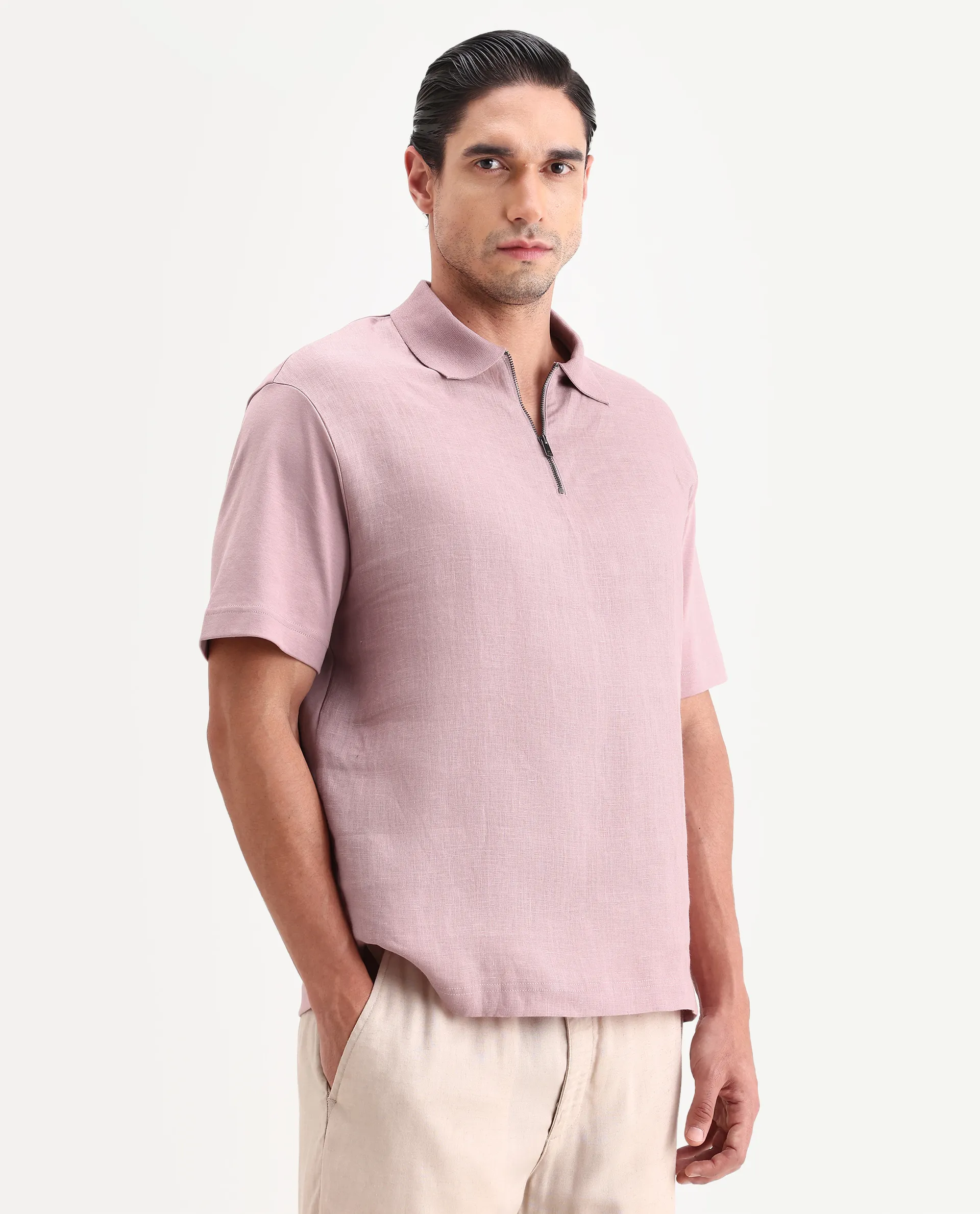 Rare Rabbit Men's Cosma-S26 Dusky Pink Linen Blend Fabric Half Sleeve Spread Collar Regular Fit Plain Polo - Image 6