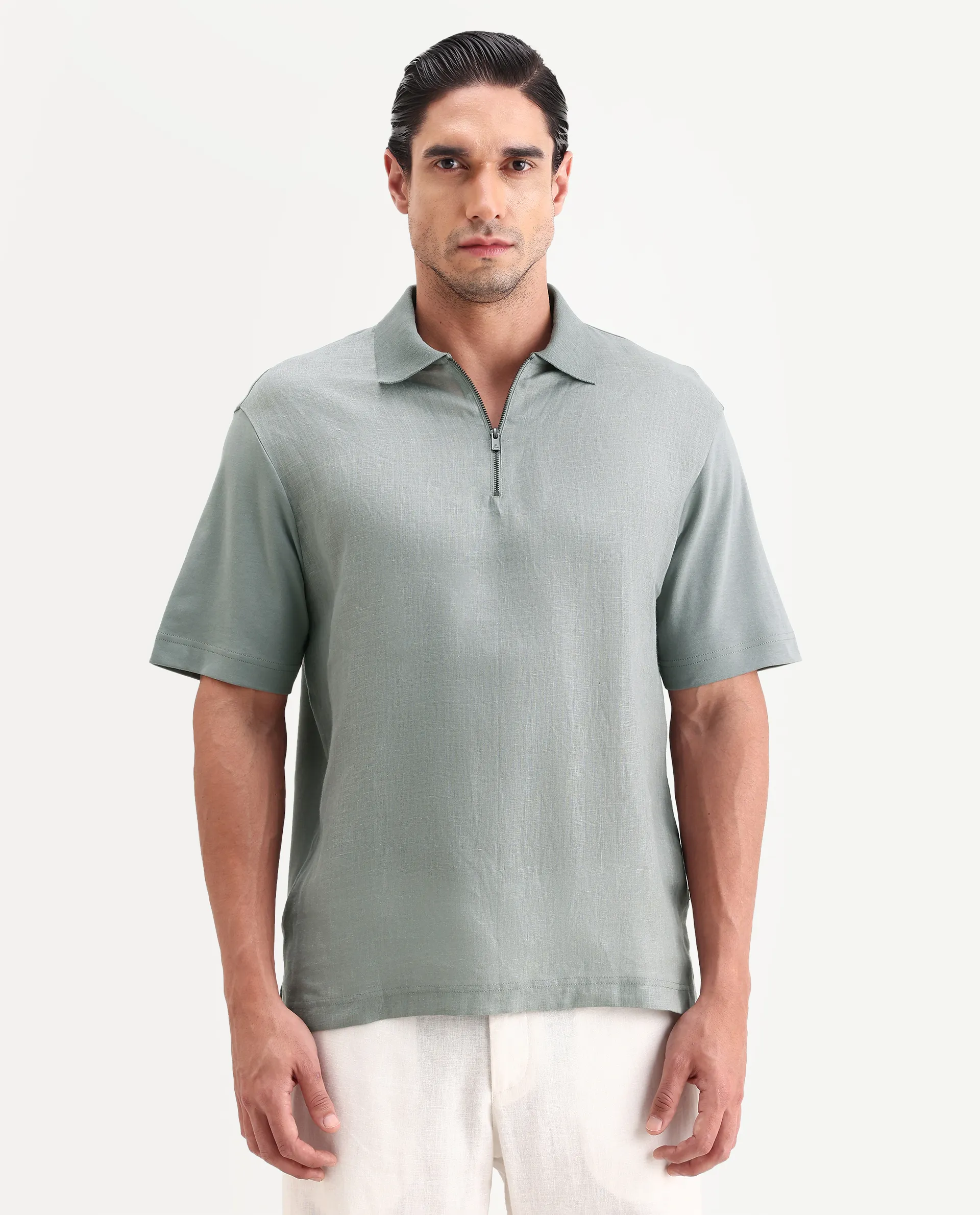 Rare Rabbit Men's Cosma-S26 Light Grey Linen Blend Fabric Half Sleeve Spread Collar Regular Fit Plain Polo