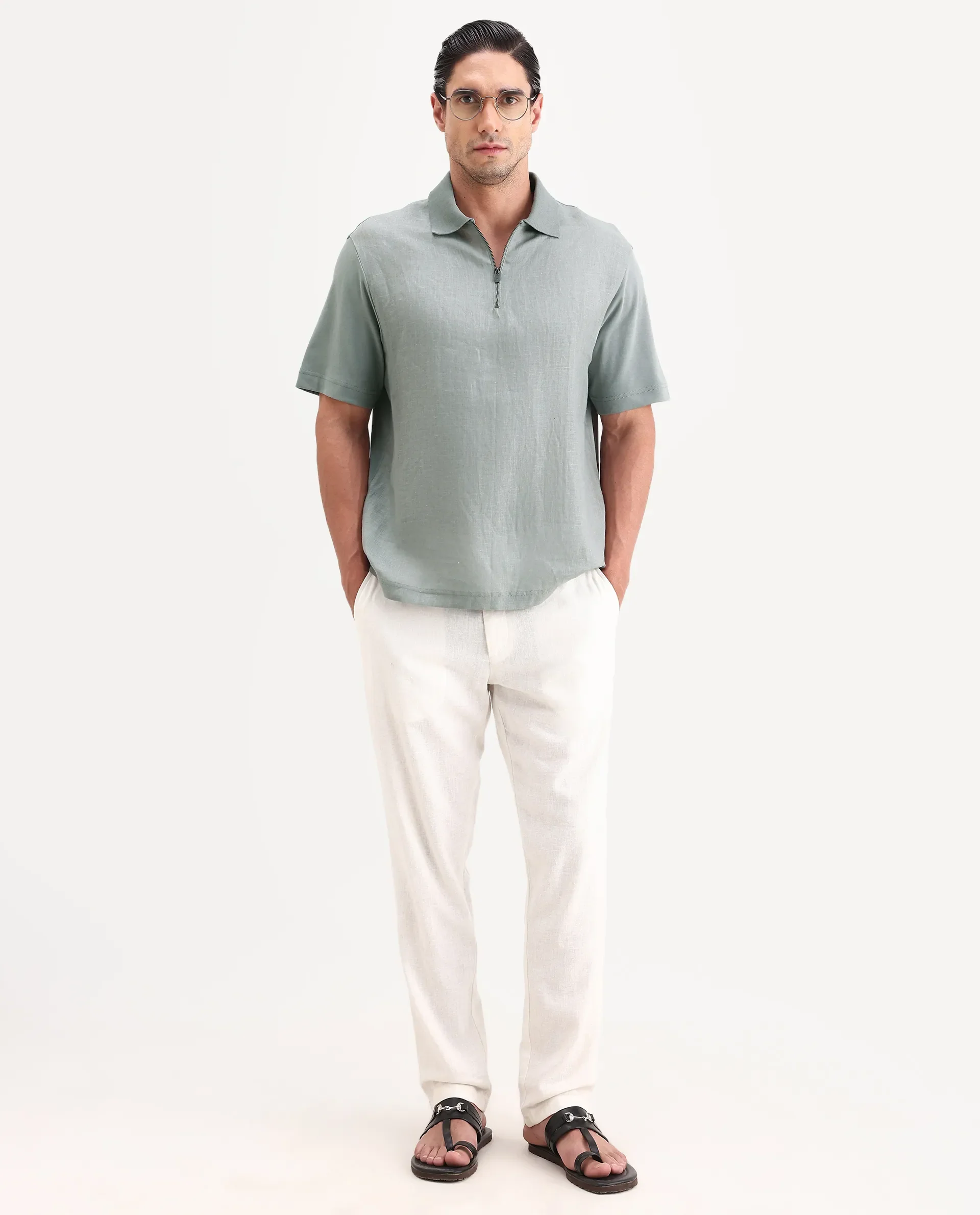 Rare Rabbit Men's Cosma-S26 Light Grey Linen Blend Fabric Half Sleeve Spread Collar Regular Fit Plain Polo - Image 2