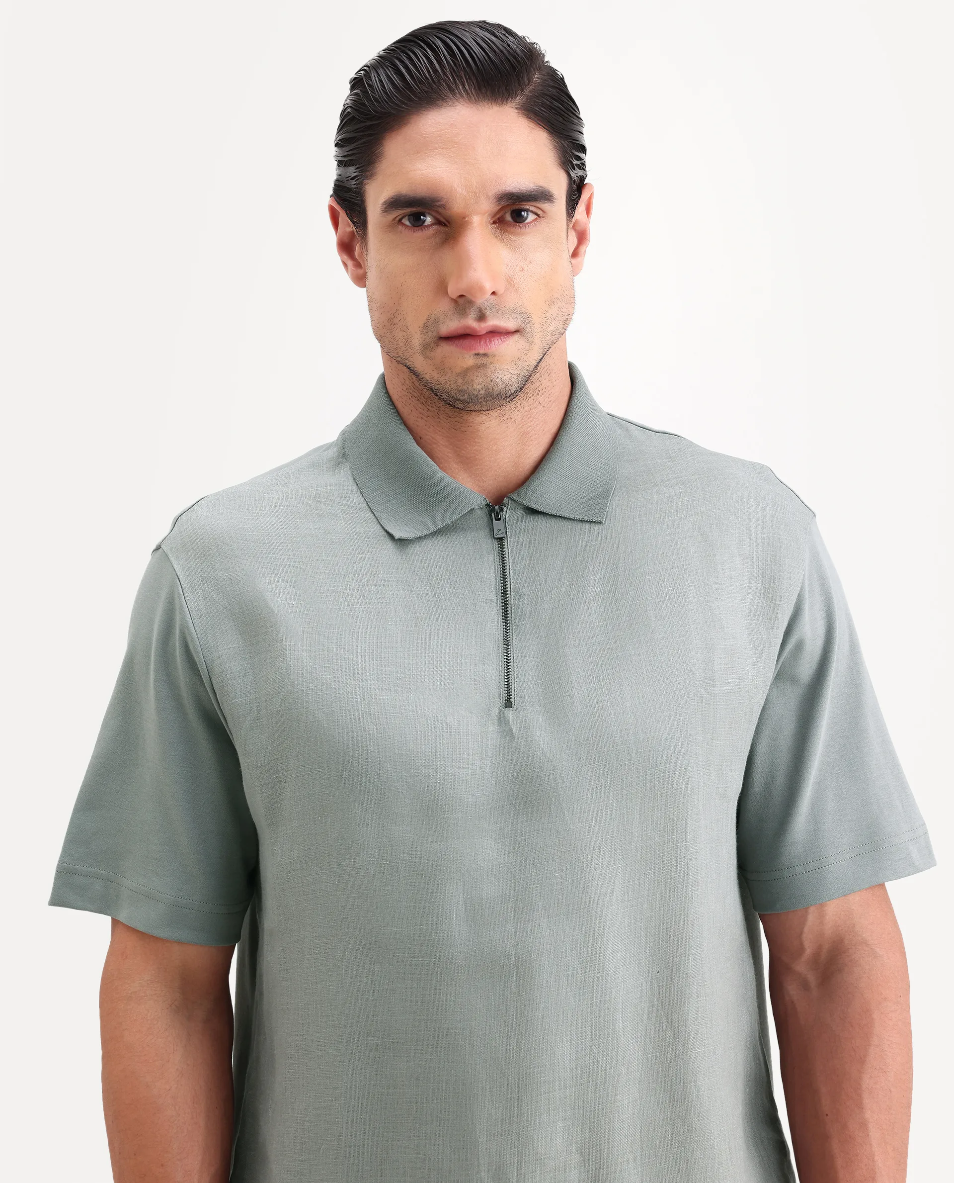 Rare Rabbit Men's Cosma-S26 Light Grey Linen Blend Fabric Half Sleeve Spread Collar Regular Fit Plain Polo - Image 3