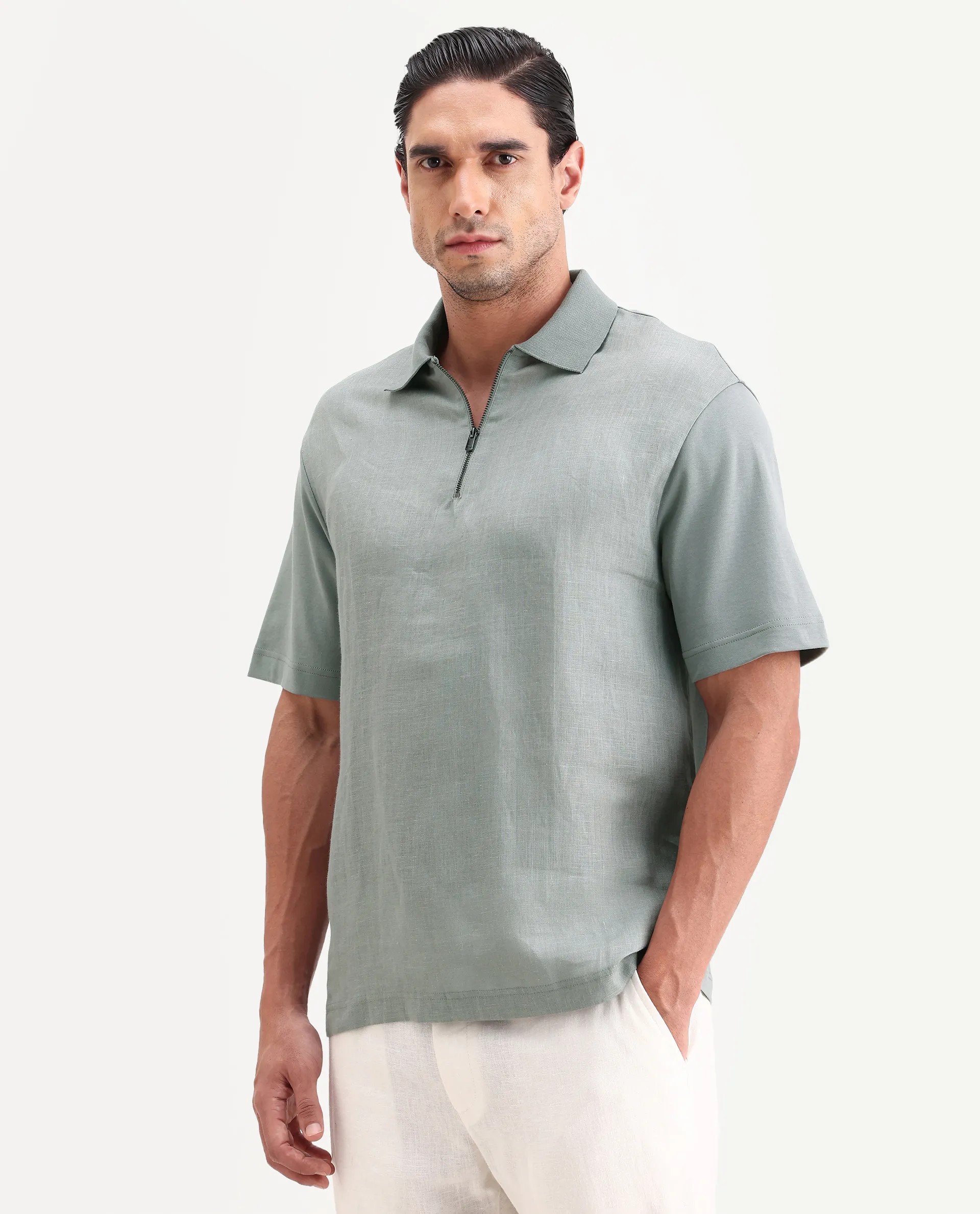 Rare Rabbit Men's Cosma-S26 Light Grey Linen Blend Fabric Half Sleeve Spread Collar Regular Fit Plain Polo - Image 4