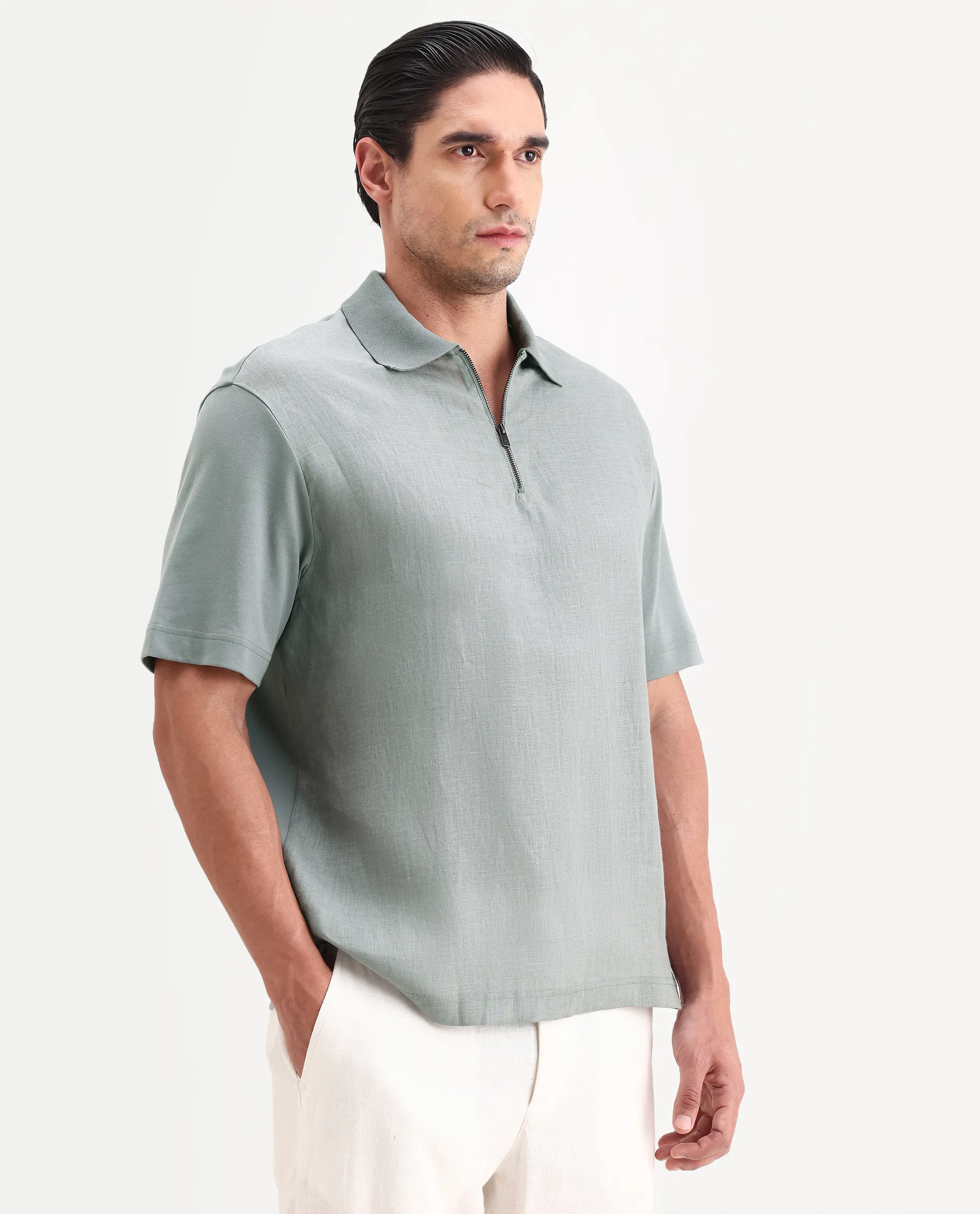 Rare Rabbit Men's Cosma-S26 Light Grey Linen Blend Fabric Half Sleeve Spread Collar Regular Fit Plain Polo - Image 5