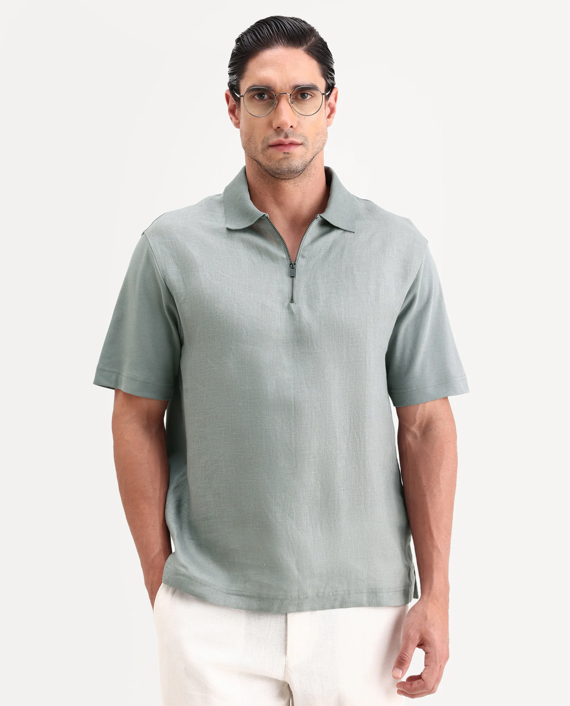 Rare Rabbit Men's Cosma-S26 Light Grey Linen Blend Fabric Half Sleeve Spread Collar Regular Fit Plain Polo - Image 6