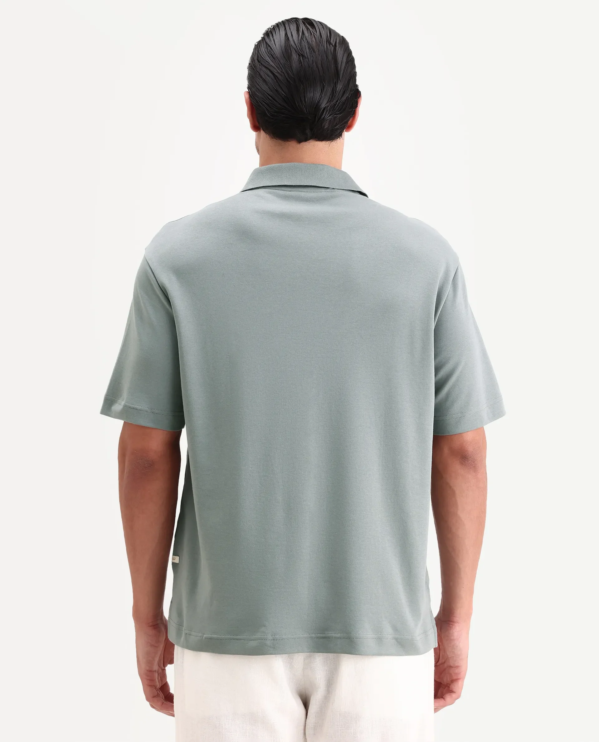 Rare Rabbit Men's Cosma-S26 Light Grey Linen Blend Fabric Half Sleeve Spread Collar Regular Fit Plain Polo - Image 7