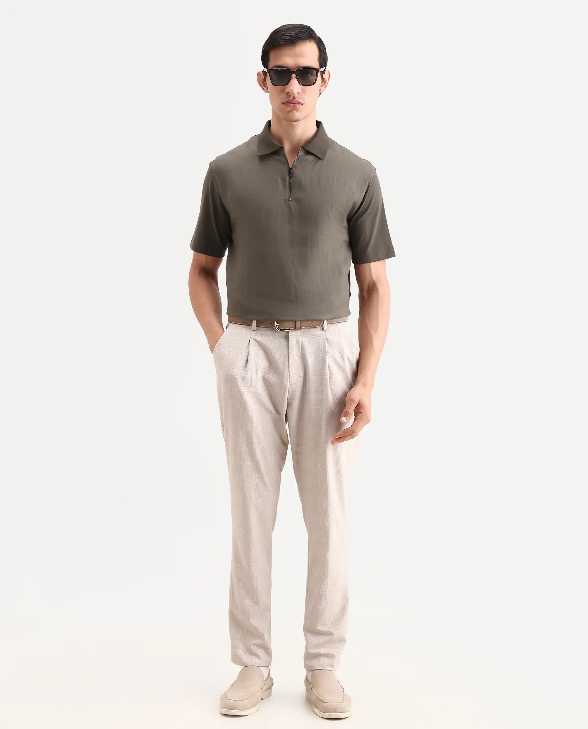 Rare Rabbit Men's Cosma-S26 Olive Linen Blend Fabric Half Sleeve Spread Collar Regular Fit Plain Polo - Image 2