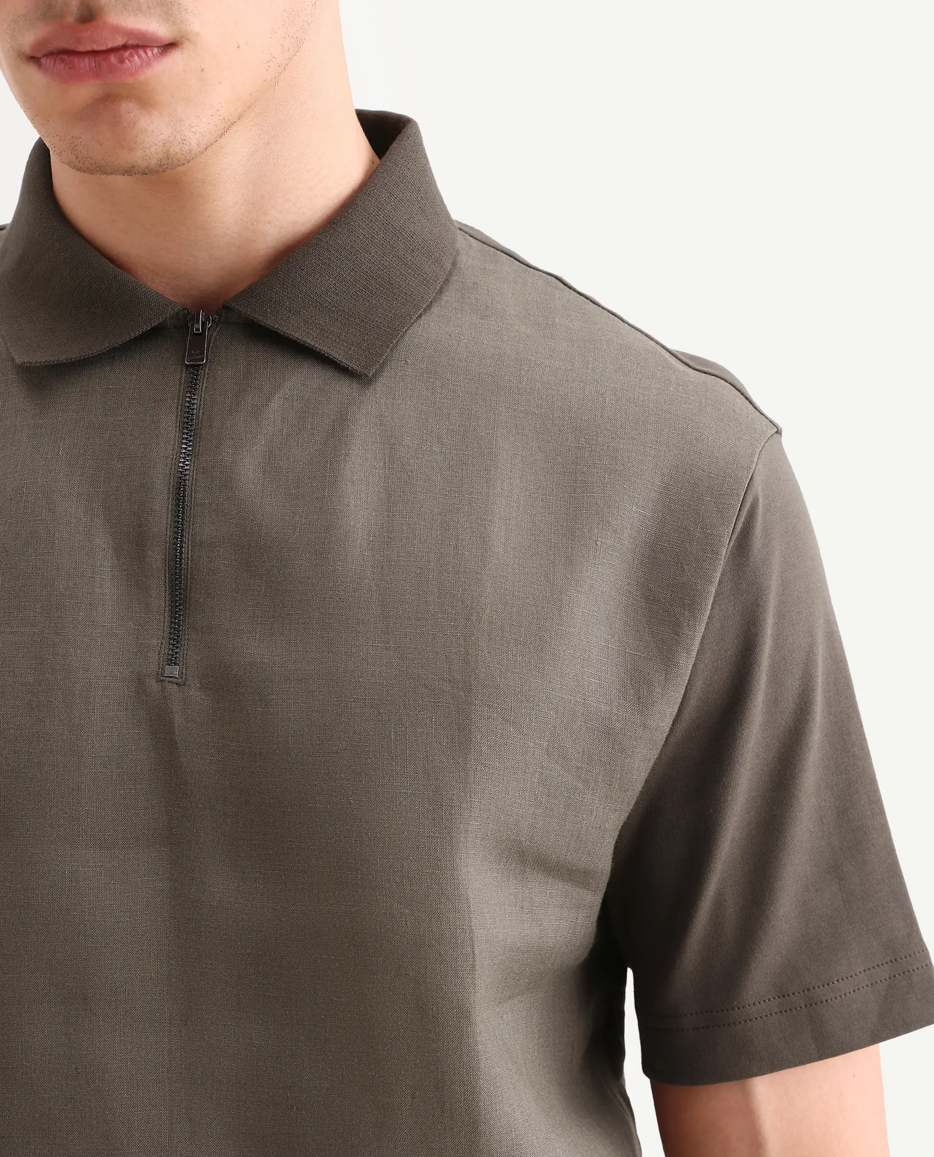 Rare Rabbit Men's Cosma-S26 Olive Linen Blend Fabric Half Sleeve Spread Collar Regular Fit Plain Polo - Image 3