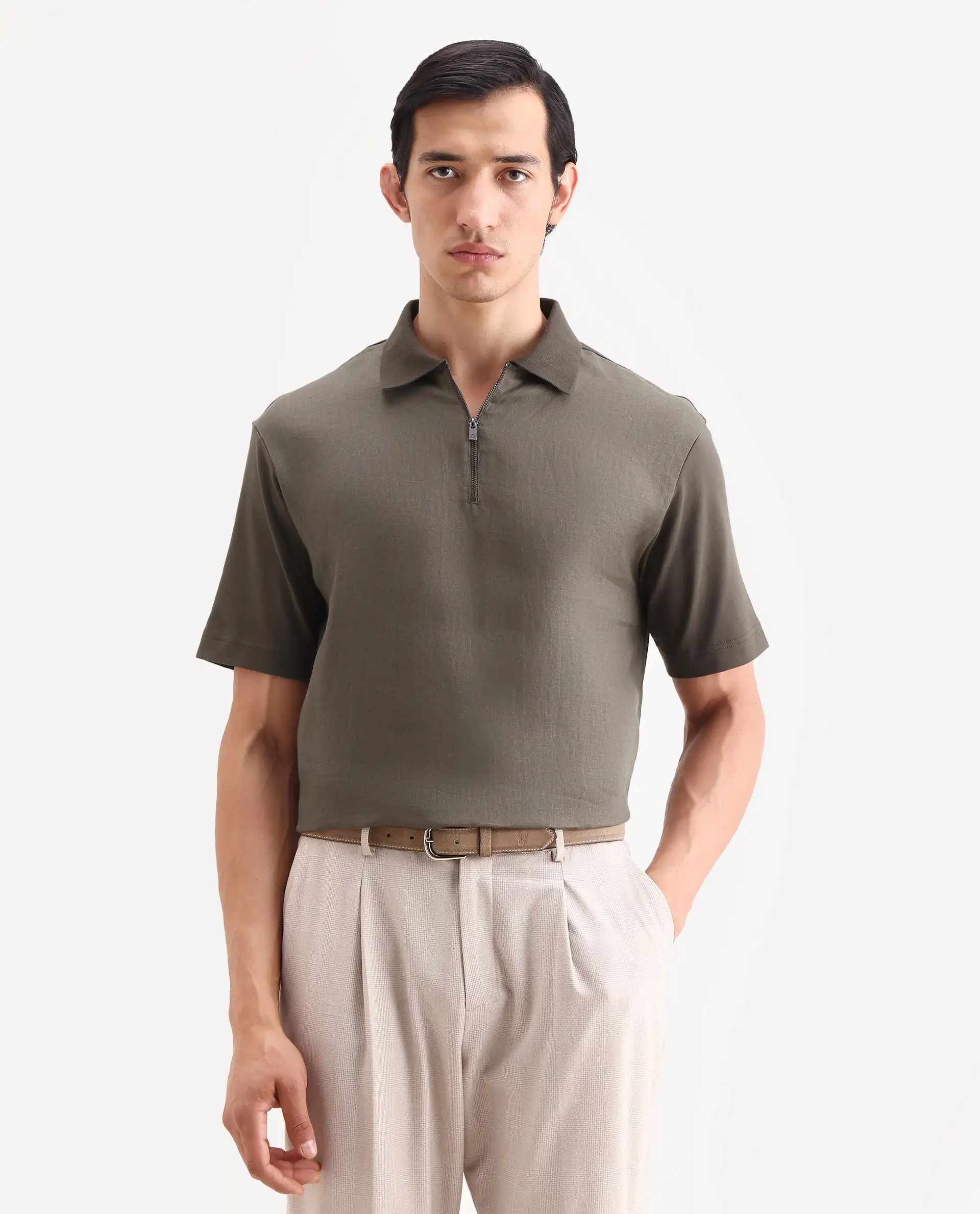 Rare Rabbit Men's Cosma-S26 Olive Linen Blend Fabric Half Sleeve Spread Collar Regular Fit Plain Polo - Image 4