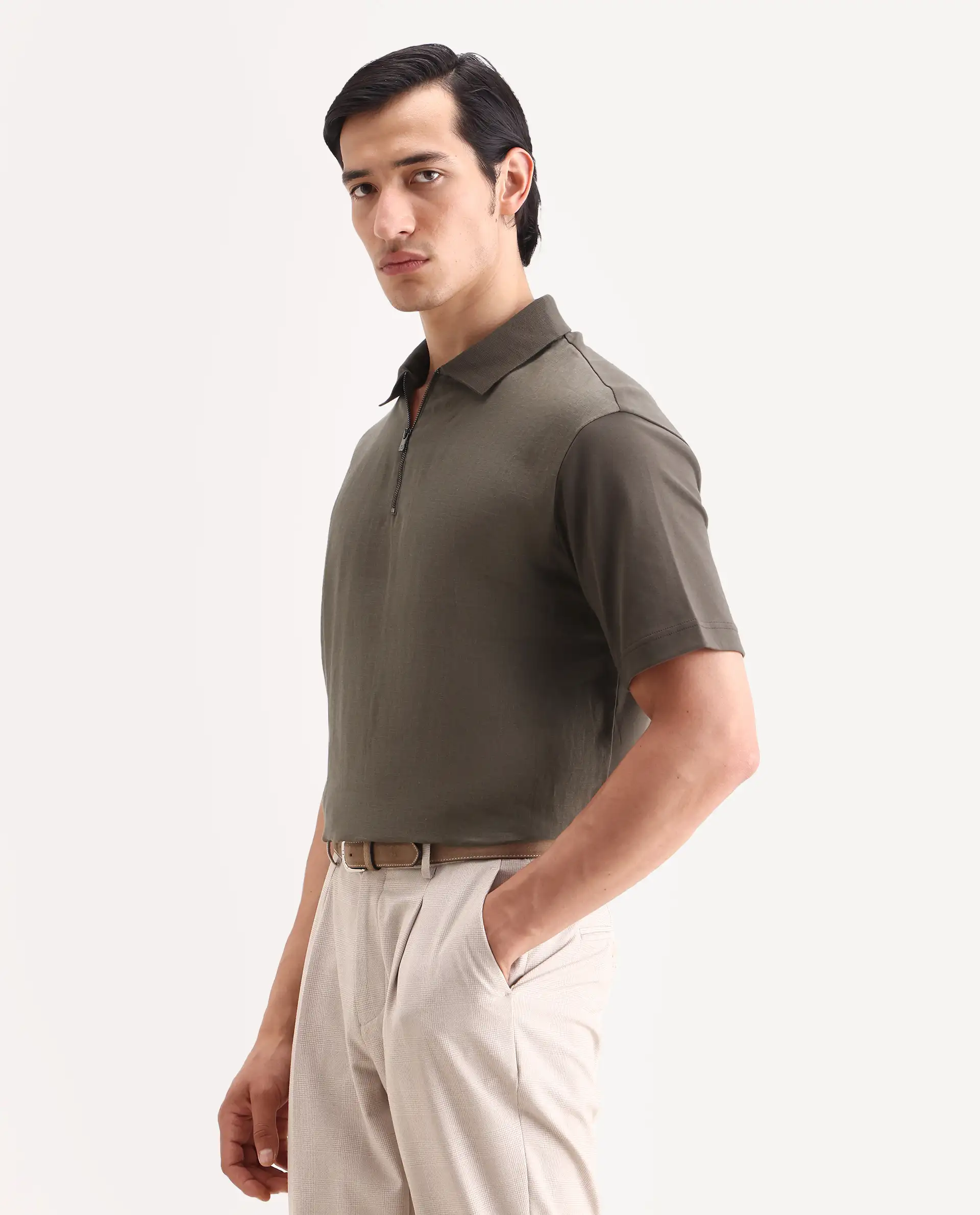 Rare Rabbit Men's Cosma-S26 Olive Linen Blend Fabric Half Sleeve Spread Collar Regular Fit Plain Polo - Image 5
