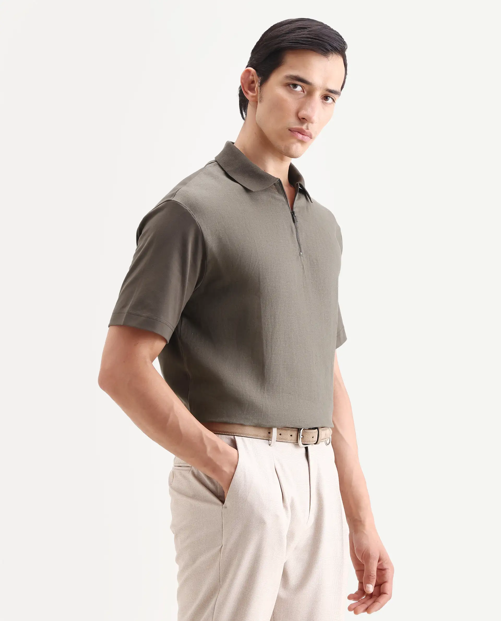 Rare Rabbit Men's Cosma-S26 Olive Linen Blend Fabric Half Sleeve Spread Collar Regular Fit Plain Polo - Image 6