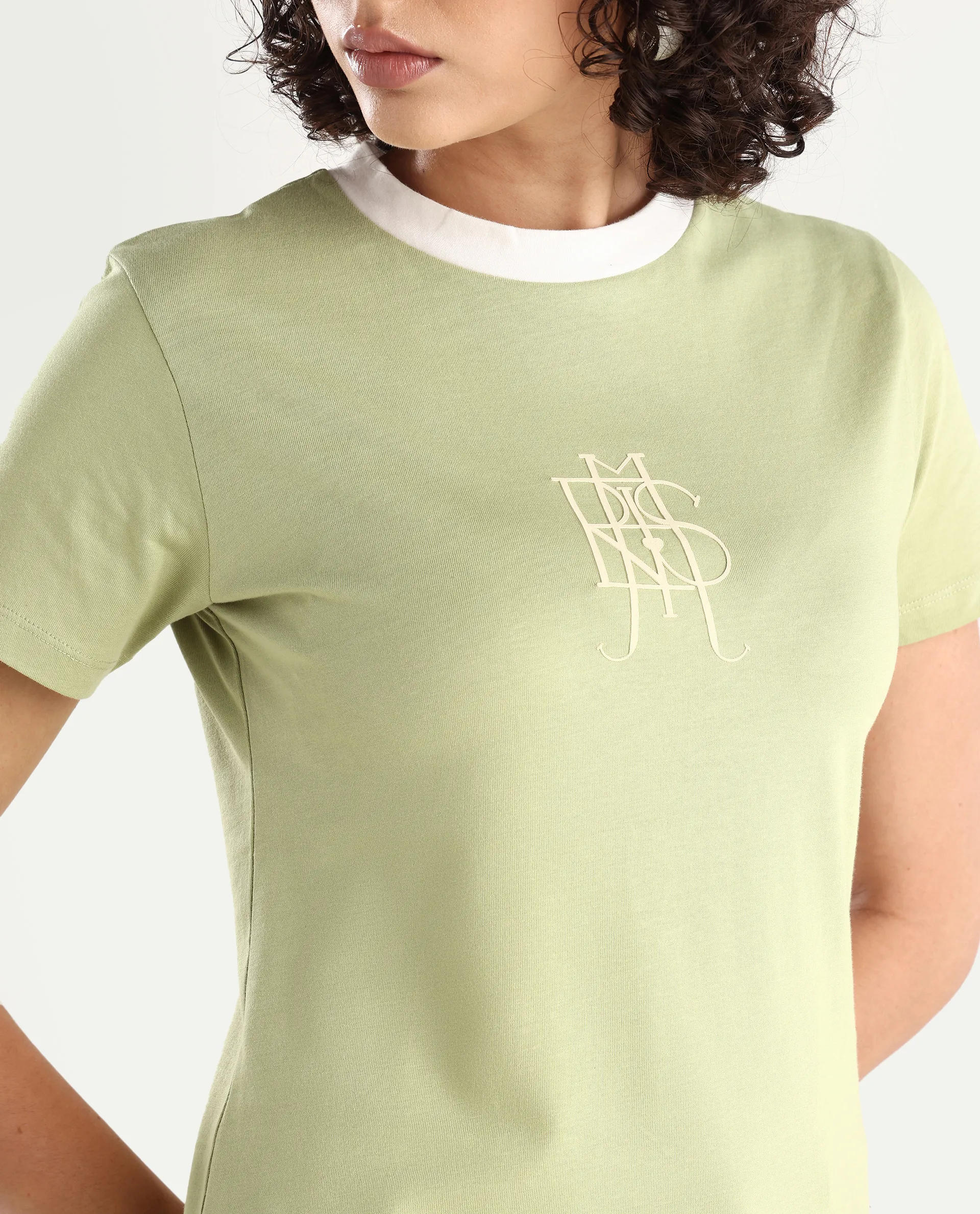 Rareism Women's Cosme Light Green Cotton Blend Crew Neck Graphic Print Regular Fit T-Shirt - Image 3